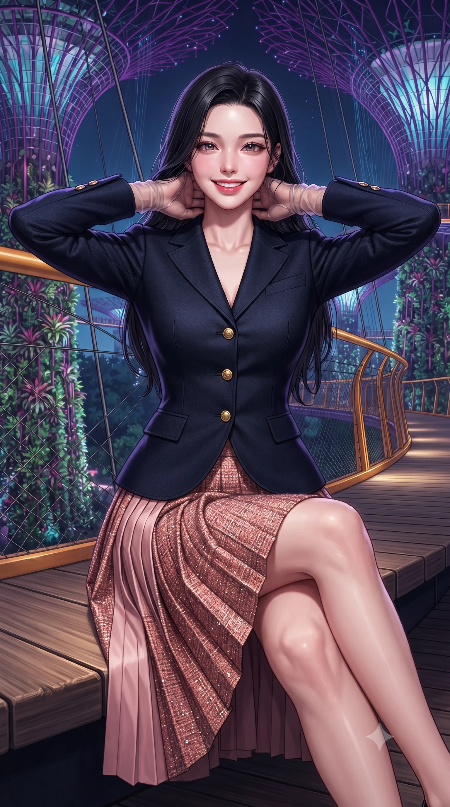 score_9, masterpiece, best quality, ultra-detailed, high-budget anime keyframe, editorial fashion photography, tasteful artistic composition, Korean woman. close-up cowboy shot from the waist and thighs up, the character dominates the composition, filling the frame with her large presence. resting both hands lightly behind her neck with elbows raised, arching her spine to highlight her narrow waist, flat midriff, and breathtaking collarbones while sitting perched gracefully on the bridge bench with legs crossed, flashing a radiant, playful smile with parted glossy lips. The surrounding environment is rendered in vivid detail and crisp panoramic clarity: sharp steel suspension bridge cable weave, living tropical bromeliad leaf textures on supertree trunks, and fiber-optic filament lines in deep focus. She has an exceptionally elegant, slender, and willowy female figure with an ultra-slim waist, flat toned midriff, narrow ribcage, and sculpted feminine hips creating an alluring, slim hourglass silhouette without bulk. sharp v-shaped jawline, high-bridge nose, intricate jewel-like sparkling eyes with depth, thick eyelashes, glossy parted lips with a natural peach sheen, bright cheerful beaming smile with an enchanting and coquettish sensual glint, exuding both youthful cute charm and seductive allure, flawlessly proportioned anatomical accuracy, strict slender model proportions, natural body alignment, perfectly sculpted long slender limbs, ultra-slim waistline, clean dynamic posture without body distortion. wearing a tailored navy wool equestrian riding blazer paired with a pleated midi skirt in Grasse centifolia rose petal blush and burnished copper, woven from structured British tweed with subtle metallic flecks, complemented by sheer opera-length evening gloves tracing her slender arms, the bespoke structured tailoring following the natural line of her 8.5-heads silhouette with refined elegance. bathed in the saturated violet-and-cyan 4000K luminescence of Supertree LED light shows mixed with warm skyway pathway glows. ultra-reflective glossy finish, specular highlights, rich textural contrasts, high-contrast stereoscopic depth, volumetric dynamic lighting, 2k, ultra detail, master piece, 9:16 ratio