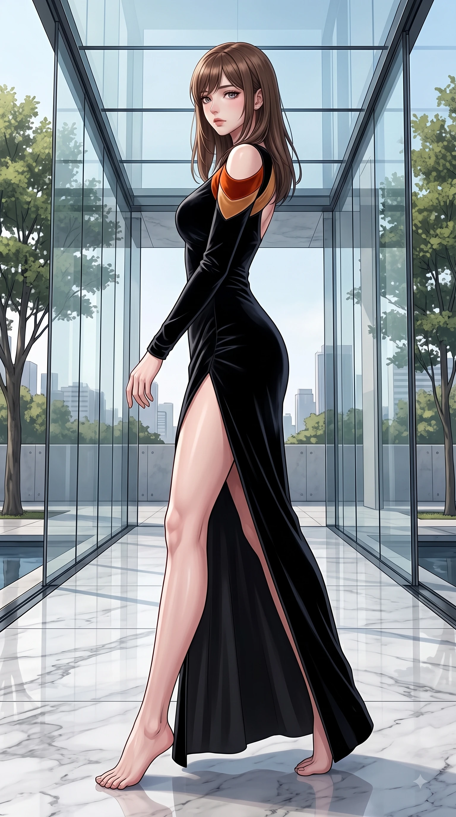 score_9, masterpiece, best quality, ultra-detailed, high-budget anime keyframe, editorial fashion photography, tasteful artistic composition, Korean woman. low angle full-body shot from head to toe showing her feet, filling the entire 9:16 vertical frame with her statuesque presence, stretching her vertical silhouette. Tender lingering expression with a quiet reluctant backward glance, as if hesitating to leave the moment while walking poised across a polished marble floor inside a sleek glass pavilion. The surrounding environment is rendered in vivid detail and crisp panoramic clarity. sleek minimalist interior design captured with high-contrast environmental precision. She has an absolutely perfect, statuesque 8.5-heads proportion, an exceptionally tall and slender model-like female figure with impossibly long slender legs and an ultra-slim waist. sharp v-shaped jawline, high-bridge nose, intricate jewel-like eyes with depth, thick eyelashes, glossy lips with a natural sheen, flawlessly proportioned anatomical accuracy, natural body alignment, perfectly sculpted elegant limbs, clean dynamic posture without body distortion. wearing a dramatic black velvet evening gown with a high leg slit and subtle shoulder cutouts in burnt orange and warm camel beige, made of premium stretch velvet with a rich glossy sheen, finished with a sleek side slit ascending to mid-thigh, the chic fashion cut framing her graceful clavicle and slender torso. surrounded by a high-end, luxury architectural fashion aesthetic. highly saturated vibrant anime colors, detailed shading with soft gradients, rich glossy textures, high-contrast stereoscopic depth, volumetric dynamic lighting, master piece, 9:16 ratio