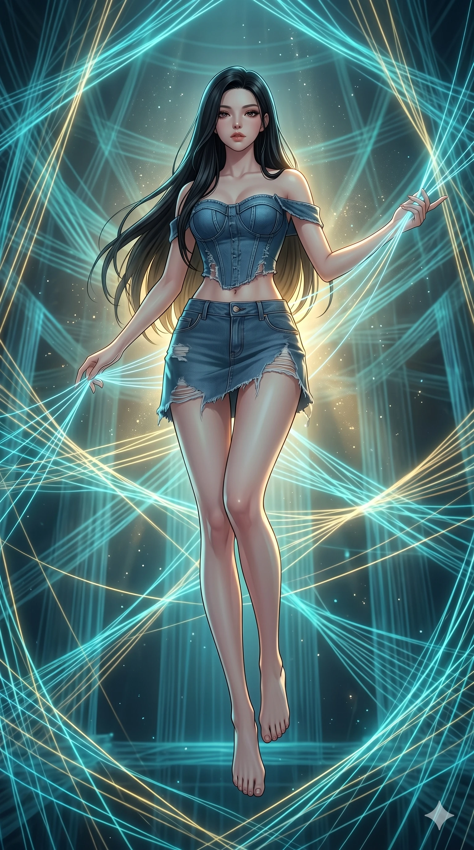 score_9, masterpiece, best quality, ultra-detailed, high-budget anime keyframe, Korean woman. low angle full-body shot filling the entire 9:16 frame with her statuesque presence, stretching the vertical silhouette. floating suspended in an ethereal loom room where millions of luminescent cyan and gold threads intersect and weave geometric patterns. She has an absolutely perfect 8-heads proportion, an exceptionally tall and slender female figure with impossibly long slender legs and an ultra-slim waist. V-shaped jawline, high-bridge nose, intricate jewel-like eyes with depth, thick eyelashes, glossy lips with a natural sheen.. wearing a deconstructed denim corset and an asymmetric ripped denim micro-skirt, showcasing a rugged yet chic off-shoulder style. illuminated by dramatic chiaroscuro casting soft shadows along her curves, with vibrant backlighting highlighting the dust particles. 2k, ultra detail, master piece, 9:16 ratio