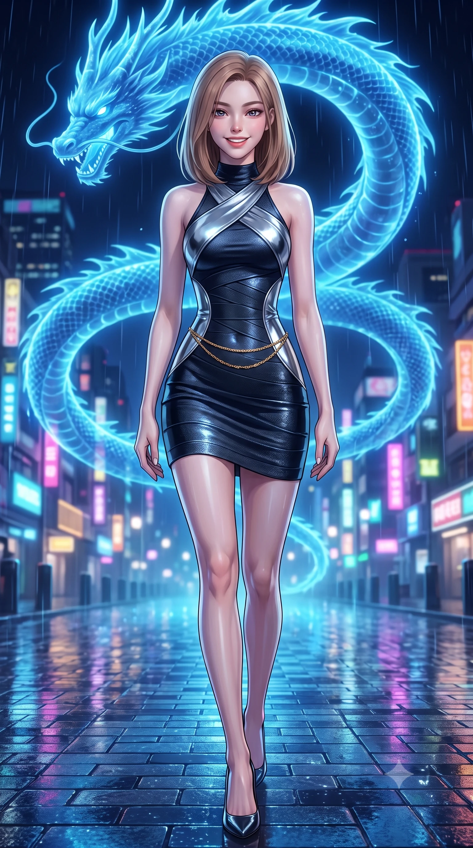 score_9, masterpiece, best quality, ultra-detailed, high-budget anime keyframe, semi-realistic 3D game render, editorial fashion photography, tasteful artistic composition, Korean woman. low angle full-body shot from head to toe showing her feet, filling the entire 9:16 vertical frame with her statuesque presence, stretching her vertical silhouette. stepping forward in a confident stride, her long slender legs and curvaceous hips creating a dynamic, sweeping vertical line while standing poised on the rain-slicked plaza pavers beneath a massive celestial holographic blue dragon, arching her lower back with magnetic anime heroine grace. The background shows a soft-focus fine mist of neon-lit rain droplets softened in Neo-Seoul cyberpunk plaza shallow focus. She has an exceptionally tall and slender model-like 8.5-heads proportion, an ultra-slim waist, a flat toned midriff, narrow delicate ribcage, and beautifully sculpted feminine hips creating a graceful, slim hourglass silhouette without any bulky heaviness, with impossibly long slender legs. sharp v-shaped jawline, high-bridge nose, intricate jewel-like sparkling eyes with depth, thick eyelashes, glossy parted lips with a natural peach sheen, bright cheerful beaming smile with an enchanting and coquettish sensual glint, exuding both youthful cute charm and seductive allure, flawlessly proportioned anatomical accuracy, strict slender model proportions, natural body alignment, perfectly sculpted long slender limbs, ultra-slim waistline, clean dynamic posture without body distortion. wearing a dense bandage knit cyber-cocktail dress with mock neck hugging her delicate ribcage and hips like a second skin in liquid mercury chrome and deep midnight obsidian, tailored from high-density tech-wool with subtle metallic thread weave, accented with a dainty gold belly chain resting across her flat midriff and curving hips, the bespoke structured tailoring following the natural line of her 8.5-heads silhouette with refined elegance. bathed in the glowing azure radiance of the monumental holographic dragon mixed with neon street reflections. highly saturated vibrant anime colors, detailed shading with soft gradients, rich glossy textures, high-contrast stereoscopic depth, volumetric dynamic lighting, master piece, 9:16 ratio