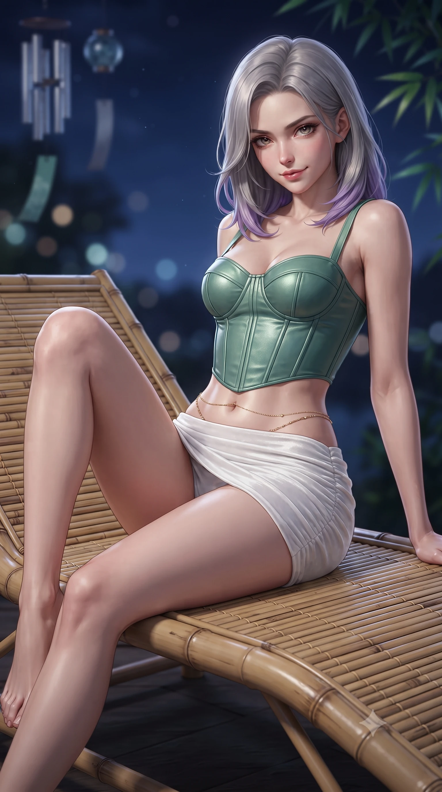 score_9, masterpiece, best quality, ultra-detailed, high-budget anime keyframe, editorial fashion photography, tasteful artistic composition, Caucasian woman. close-up cowboy shot from the waist and thighs up, the character dominates the composition, filling the frame with her large presence. perched sideways on the lounge seat, one knee drawn up to showcase her slender leg line while her arched back accentuates her feminine hip curve while reclining gracefully on a woven bamboo chaise lounge, one knee bent to display her long slender legs and sculpted waistline. The background shows a soft-focus swaying emerald bamboo leaves, wind chimes, and deep indigo night sky blurred into seafoam, charcoal, and silver bokeh. She has an exceptionally elegant, slender, and willowy female figure with an ultra-slim waist, flat toned midriff, narrow ribcage, and sculpted feminine hips creating an alluring, slim hourglass silhouette without bulk. sharp v-shaped jawline, high-bridge nose, sparkling eyes with hypnotic seductive depth, thick curled eyelashes, glossy parted lips with a natural dewy peach sheen, alluring bedroom-eyes with an enchanting coquettish smile, exuding magnetic siren charisma and sophisticated glamour, flawlessly proportioned anatomical accuracy, strict slender model proportions, natural body alignment, perfectly sculpted long slender limbs, ultra-slim waistline, clean dynamic posture without body distortion. wearing a structured boned leatherette corset top paired with an ultra-short ruched neon mini skirt in moonlit jade green and pure alabaster white with silver accents, tailored from ultra-plush velvet with rich tactile depth and deep shadow gradients, finished with a dainty gold belly chain resting across her flat midriff and curving hips, the second-skin tailored fabric adhering flawlessly to her sculpted flat midriff and slender torso, emphasizing her long leg lines and perfectly proportioned willowy build. illuminated by soft lantern warm fill and sharp silvery rim lighting defining her collarbones, flat midriff, and curvaceous hips. ultra-reflective glossy finish, specular highlights, rich textural contrasts, high-contrast stereoscopic depth, volumetric dynamic lighting, 2k, ultra detail, master piece, 9:16 ratio