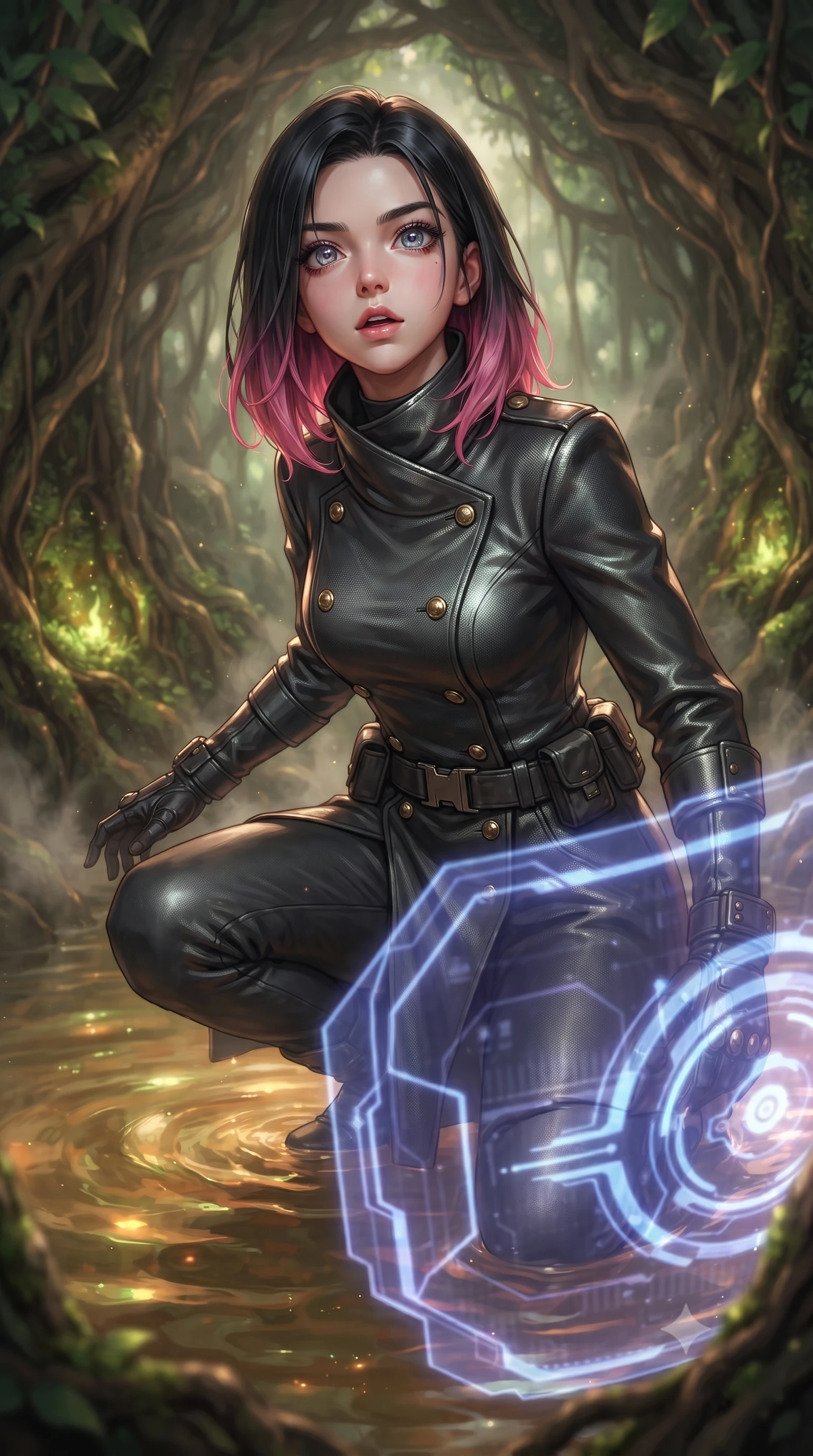 score_9, masterpiece, best quality, ultra-detailed, high-budget anime keyframe, editorial fashion photography, tasteful artistic composition, Korean woman. close-up cowboy shot from the waist and thighs up, the character dominates the composition, filling the frame with her large presence, background elements kept in soft focus. crouching slightly behind a glowing holographic shield emitter, looking up with defiance and lips slightly parted, the background shows a soft-focus a root cavity hot spring inside a banyan tree, with warm water and steam. She has an exceptionally elegant, slender, and willowy female figure with an ultra-slim waist, a gracefully sculpted slender torso, and a refined silhouette. sharp v-shaped jawline, high-bridge nose, intricate jewel-like eyes with depth, thick eyelashes, glossy lips with a natural sheen. wearing a slim-fit tailored carbon-weave military dress coat with double-breasted brass buttons and a stiff high-collar wrap. soft flickering light from glowing moss reflecting on the water surface. ultra-reflective glossy finish, specular highlights, metallic sheen, high-contrast stereoscopic depth, volumetric dynamic lighting, 2k, ultra detail, master piece, 9:16 ratio