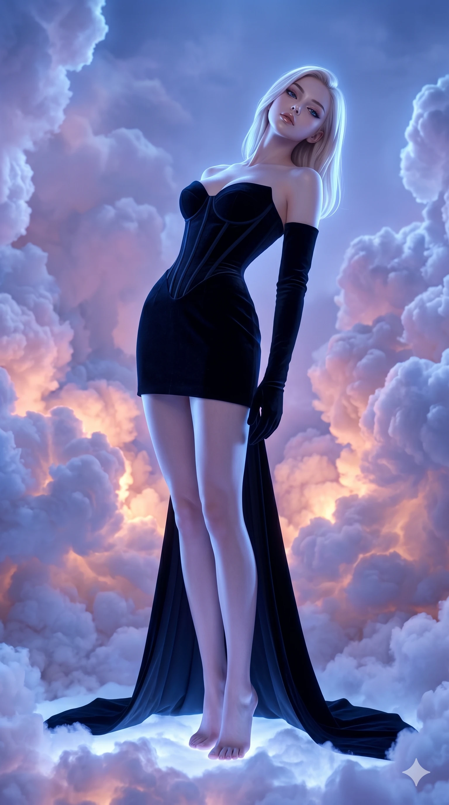 score_9, masterpiece, best quality, ultra-detailed, high-budget anime keyframe, editorial fashion photography, tasteful artistic composition, Caucasian woman, strictly human ears. low angle full-body shot from head to toe showing her feet, filling the entire 9:16 vertical frame with her statuesque presence, stretching her vertical silhouette. Arching her back in a graceful controlled backward pose inside a luminous cloud palace where cumulus formations glow with amber and rose from within. She has an absolutely perfect 8-heads proportion, an exceptionally tall and slender female figure with impossibly long slender legs and an ultra-slim waist. V-shaped jawline, high-bridge nose, intricate jewel-like eyes with depth, thick eyelashes, glossy lips with a natural sheen. wearing a structured bustier-corseted mini dress in black velvet with boning that dramatically emphasizes the waist, a sweetheart neckline, and dramatic floor-length opera gloves in matching black. bathed in cool ethereal blue-violet bioluminescent glow that highlights her form from all sides. 2k, ultra detail, master piece, 9:16 ratio