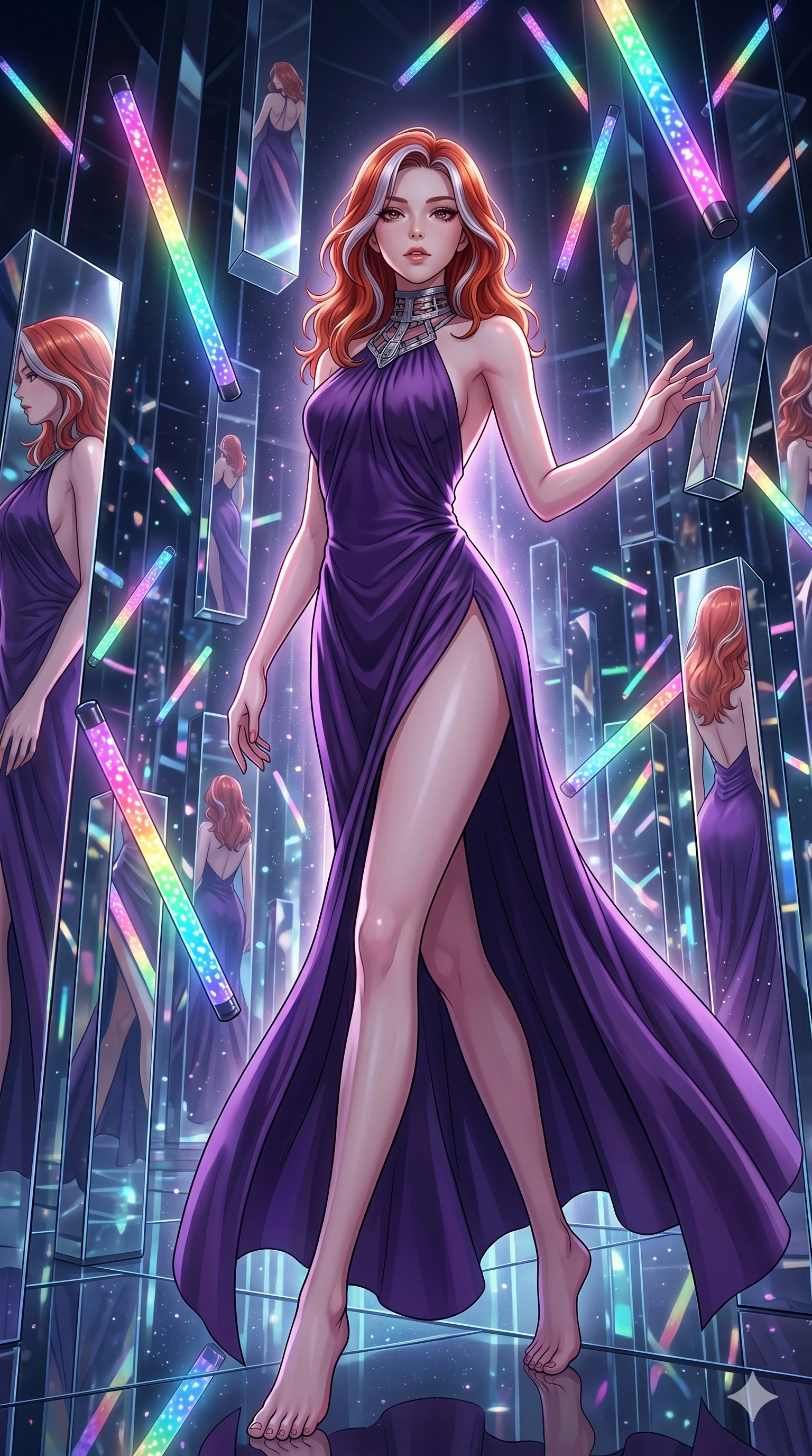 score_9, masterpiece, best quality, ultra-detailed, high-budget anime keyframe, Korean woman. low angle full-body shot filling the entire 9:16 frame with her statuesque presence, stretching the vertical silhouette. navigating a kinetic light-sculpture mirror maze, passing between floating chromium mirror pillars and rotating LED sticks. She has an absolutely perfect 8-heads proportion, an exceptionally tall and slender female figure with impossibly long slender legs and an ultra-slim waist. V-shaped jawline, high-bridge nose, intricate jewel-like eyes with depth, thick eyelashes, glossy lips with a natural sheen.. wearing a gothic liquid silk gown, featuring a deep purple liquid silk maxi gown draped around her, secured by a metallic choker collar, with a high side slit. illuminated by dramatic chiaroscuro casting soft shadows along her curves, with vibrant backlighting highlighting the dust particles. 2k, ultra detail, master piece, 9:16 ratio
