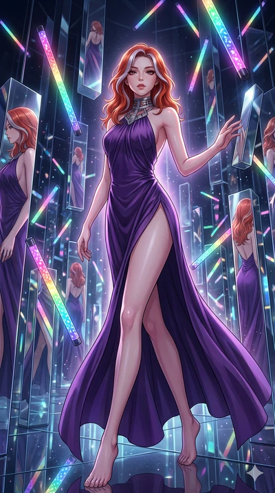score_9, masterpiece, best quality, ultra-detailed, high-budget anime keyframe, Korean woman. low angle full-body shot filling the entire 9:16 frame with her statuesque presence, stretching the vertical silhouette. navigating a kinetic light-sculptur