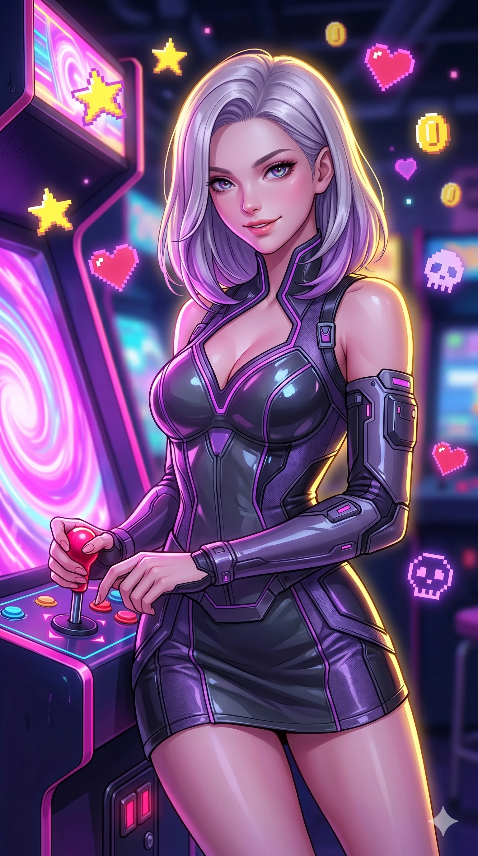 score_9, masterpiece, best quality, ultra-detailed, high-budget anime keyframe, Caucasian woman, strictly human ears. Upper body close-up from the thighs up, character filling the screen for maximum presence. She is leaning back against a glowing retro arcade cabinet, surrounded by floating pixelated neon icons. She holds a glowing joystick with a teasing, commanding smile. She has an absolutely perfect 8-heads proportion, a tall and elegant figure with a refined silhouette and a defined waistline. V-shaped jawline, high-bridge nose, intricate jewel-like eyes with depth, thick eyelashes, glossy lips with a natural sheen. She is wearing a structured cybernetic bodice in glossy vinyl panels, paired with detached sleeves and a refined V-neckline detailed with glowing piping. The scene is illuminated by bright pink and violet neon screen glare and a sharp yellow ambient rim light. 2k, ultra detail, master piece, 9:16 ratio
