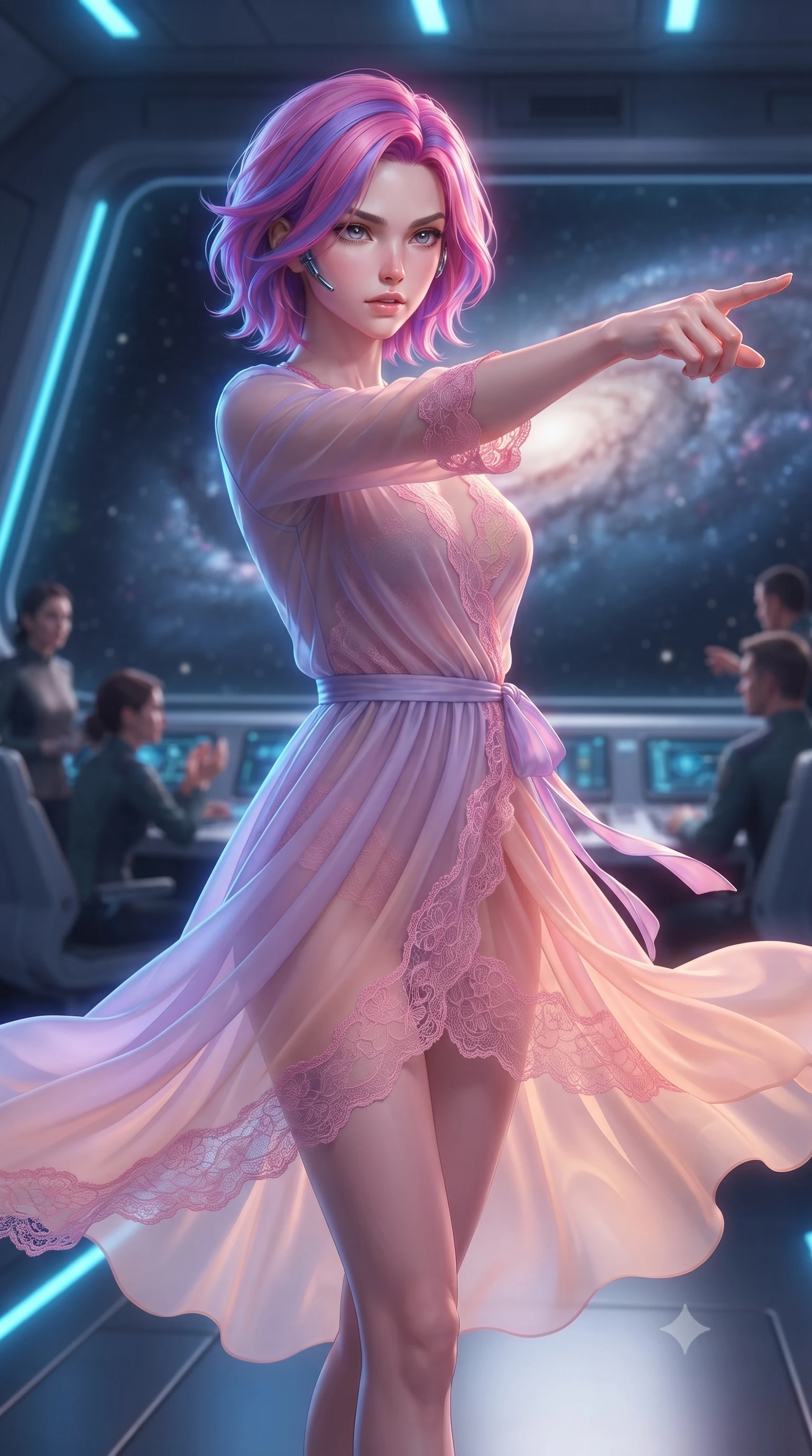 score_9, masterpiece, best quality, ultra-detailed, high-budget anime keyframe, editorial fashion photography, tasteful artistic composition, realistic cosplay photography, Caucasian woman, strictly human ears. close-up cowboy shot from the waist and thighs up, the character dominates the composition, filling the frame with her large presence, background elements kept in soft focus. Commanding the starship crew with a decisive gesture, pointing toward the galactic viewscreen. set against a soft-focus background of an elevated glass skyway between mirror-clad skyscrapers, blue data streams and light paths flowing in channels along the road. She has an exceptionally elegant and slender, willowy female figure with an ultra-slim waist, a gracefully sculpted slender torso, and a refined slim physique. sharp v-shaped jawline, high-bridge nose, intricate jewel-like eyes with depth, thick eyelashes, glossy lips with a natural sheen. wearing the lightweight fabric rippling and billowing dramatically with her movement, a tailored translucent chiffon wrap dress in a lavender-to-peach gradient, revealing her slender silhouette, detailed with pink lace. brilliant cinematic volumetric lighting with intense neon rim light outlining her form. ultra-reflective glossy finish, specular highlights, metallic sheen, high-contrast stereoscopic depth, volumetric dynamic lighting, 2k, ultra detail, master piece, 9:16 ratio