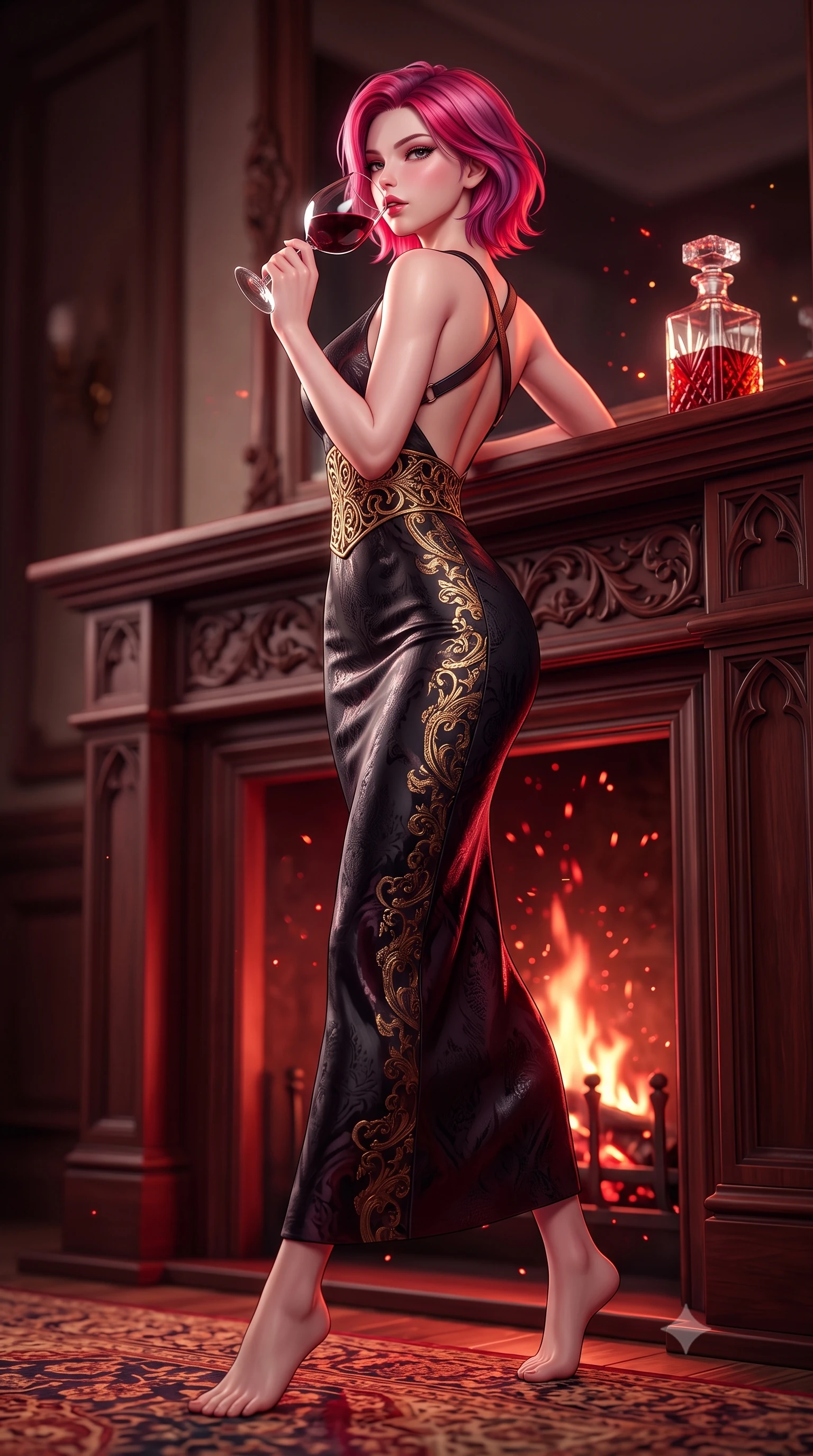 score_9, masterpiece, best quality, ultra-detailed, high-budget anime keyframe, semi-realistic 3D game render, editorial fashion photography, tasteful artistic composition, Caucasian woman. low angle full-body shot from head to toe showing her feet, filling the entire 9:16 vertical frame with her statuesque presence, stretching her vertical silhouette. striding forward in a proud, dynamic supermodel runway stride, hips swaying in an alluring kinetic rhythm that stretches her silhouette while leaning back against the carved mahogany mantelpiece with hips cocked, holding a crystal goblet of deep red wine to her lips. The composition keeps background elements in soft focus with creamy bokeh. rising hearth fire sparks and crystal decanter refractions scattering warm crimson light motes. She has an absolutely perfect, statuesque 8.5-heads proportion, an exceptionally tall and slender model-like female figure with impossibly long slender legs, a toned flat midriff, and an ultra-slim waist. sharp v-shaped jawline, high-bridge nose, intricate jewel-like eyes with depth, thick eyelashes, glossy parted lips with a natural sheen, intensely captivating and seductive expression, flawlessly proportioned anatomical accuracy, strict slender model proportions, natural body alignment, perfectly sculpted long slender limbs, ultra-slim waistline, clean dynamic posture without body distortion. wearing a sleek obsidian column dress with gold filigree waist cincher and plunging backline in deep garnet and brushed dark platinum, made of rich textured jacquard silk with baroque gold thread, featuring an open-back criss-cross harness strap in dark leather, the liquid-tight tailored fabric emphasizing every curve of her tall, slender model proportions and sculptured silhouette during dynamic movement. surrounded by an opulent, intimate, and irresistibly hypnotic dark romance aura. highly saturated vibrant anime colors, detailed shading with soft gradients, rich glossy textures, high-contrast stereoscopic depth, volumetric dynamic lighting, master piece, 9:16 ratio