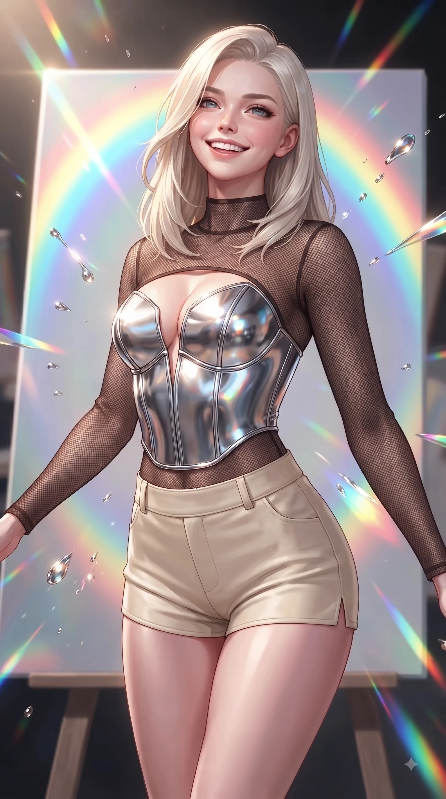 score_9, masterpiece, best quality, ultra-detailed, high-budget anime keyframe, editorial fashion photography, tasteful artistic composition, Caucasian woman. close-up cowboy shot from the waist and thighs up, the character dominates the composition, filling the frame with her large presence, background elements kept in soft focus. Tilting her chin up with a beaming smile of pure delight while balancing dynamically amidst the scene while poised in a playful stance before a giant holographic canvas emitting luminous color arcs, paint droplets catching sharp specular highlights as she turns with a beaming smile. She has an exceptionally elegant, slender, and willowy female figure with an ultra-slim waist, a gracefully sculpted slender torso, and a refined silhouette. sharp v-shaped jawline, high-bridge nose, intricate jewel-like eyes with depth, thick eyelashes, glossy lips with a natural sheen, flawlessly proportioned anatomical accuracy, natural body alignment, perfectly sculpted elegant limbs, clean dynamic posture without body distortion. wearing a chrome-plated structured bodice worn over a sheer mesh top and micro-shorts in espresso brown and warm cream, made of fine carbon-fiber weave and soft matte leather, accented with a Tasteful chest slit framing her clavicle gracefully, the tailored fabric tightly following every curve of her athletic build. illuminated by brilliant multi-color rainbow light refracting through glass prisms. ultra-reflective glossy finish, specular highlights, metallic sheen, high-contrast stereoscopic depth, volumetric dynamic lighting, 2k, ultra detail, master piece, 9:16 ratio