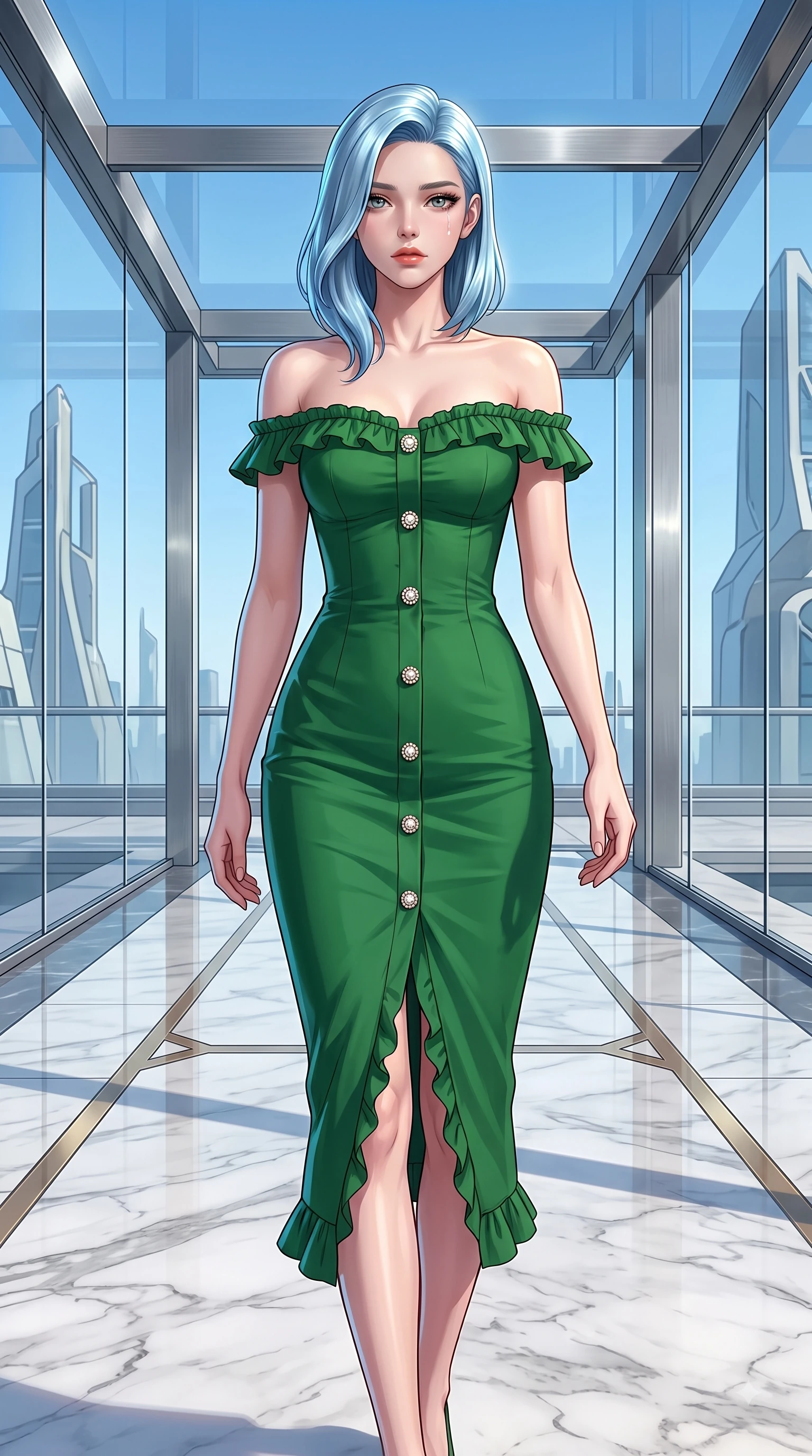 score_9, masterpiece, best quality, ultra-detailed, high-budget anime keyframe, editorial fashion photography, tasteful artistic composition, Korean woman. close-up cowboy shot from the waist and thighs up, the character dominates the composition, filling the frame with her large presence. Heart-tugging melancholic glance with a subtle drop of emotion in her eyes and a quiet wistful posture while walking poised across a polished marble floor inside a sleek glass pavilion. The surrounding environment is rendered in vivid detail and crisp panoramic clarity. sleek minimalist interior design captured with high-contrast environmental precision. She has an exceptionally elegant, slender, and willowy female figure with an ultra-slim waist, a gracefully sculpted slender torso, and a refined silhouette. sharp v-shaped jawline, high-bridge nose, intricate jewel-like eyes with depth, thick eyelashes, glossy lips with a natural sheen, flawlessly proportioned anatomical accuracy, natural body alignment, perfectly sculpted elegant limbs, clean dynamic posture without body distortion. wearing a vibrant forest green off-shoulder midi dress with a tasteful front slit in sunflower yellow and royal navy blue, tailored from crisp high-density cotton poplin, accented with delicate pearl buttons and refined ruffle trims, the sleek second-skin fit accentuating her magnetic presence. illuminated by polished specular highlights and cool futuristic rim lighting. highly saturated vibrant anime colors, detailed shading with soft gradients, rich glossy textures, high-contrast stereoscopic depth, volumetric dynamic lighting, master piece, 9:16 ratio