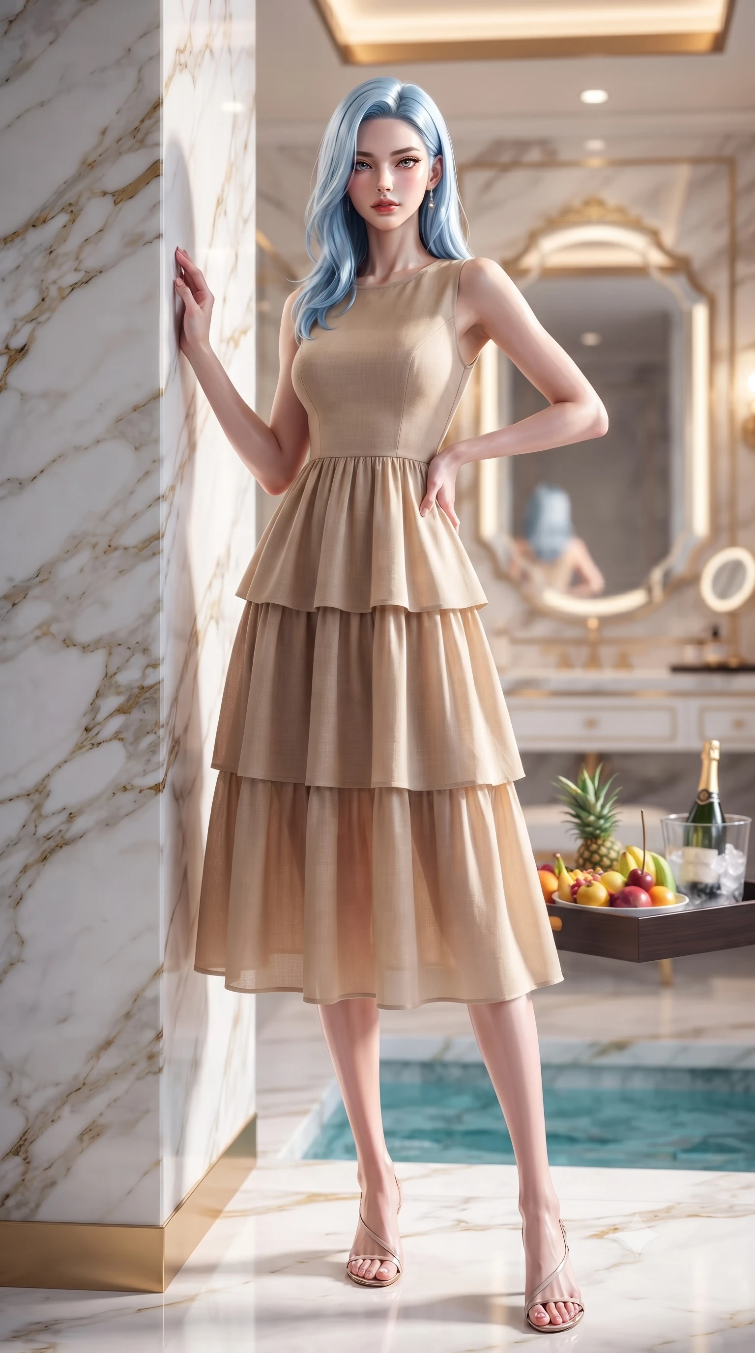 score_9, masterpiece, best quality, ultra-detailed, high-budget anime keyframe, editorial fashion photography, tasteful artistic composition, Korean woman. low angle full-body shot from head to toe showing her feet, filling the entire 9:16 vertical frame with her statuesque presence, stretching her vertical silhouette. posing with effortless allure against a polished marble pillar, her refined silhouette bathed in soft lighting set against a soft-focus background of inside an exclusive vanity suite with a floating pool tray of tropical fruits and chilled wine in soft focus. She has an absolutely perfect, statuesque 8.5-heads proportion, an exceptionally tall and slender model-like female figure with impossibly long slender legs and an ultra-slim waist. sharp v-shaped jawline, high-bridge nose, intricate jewel-like eyes with depth, thick eyelashes, glossy lips with a natural sheen. wearing tailored warm beige semi-opaque chiffon flowy linen sundress with a comfortable tiered skirt silhouette featuring refined tailored seams. accented by a single dramatic key light highlighting her statuesque posture and slim waist. highly saturated vibrant anime colors, detailed shading with soft gradients, rich glossy textures, high-contrast stereoscopic depth, volumetric dynamic lighting, master piece, 9:16 ratio