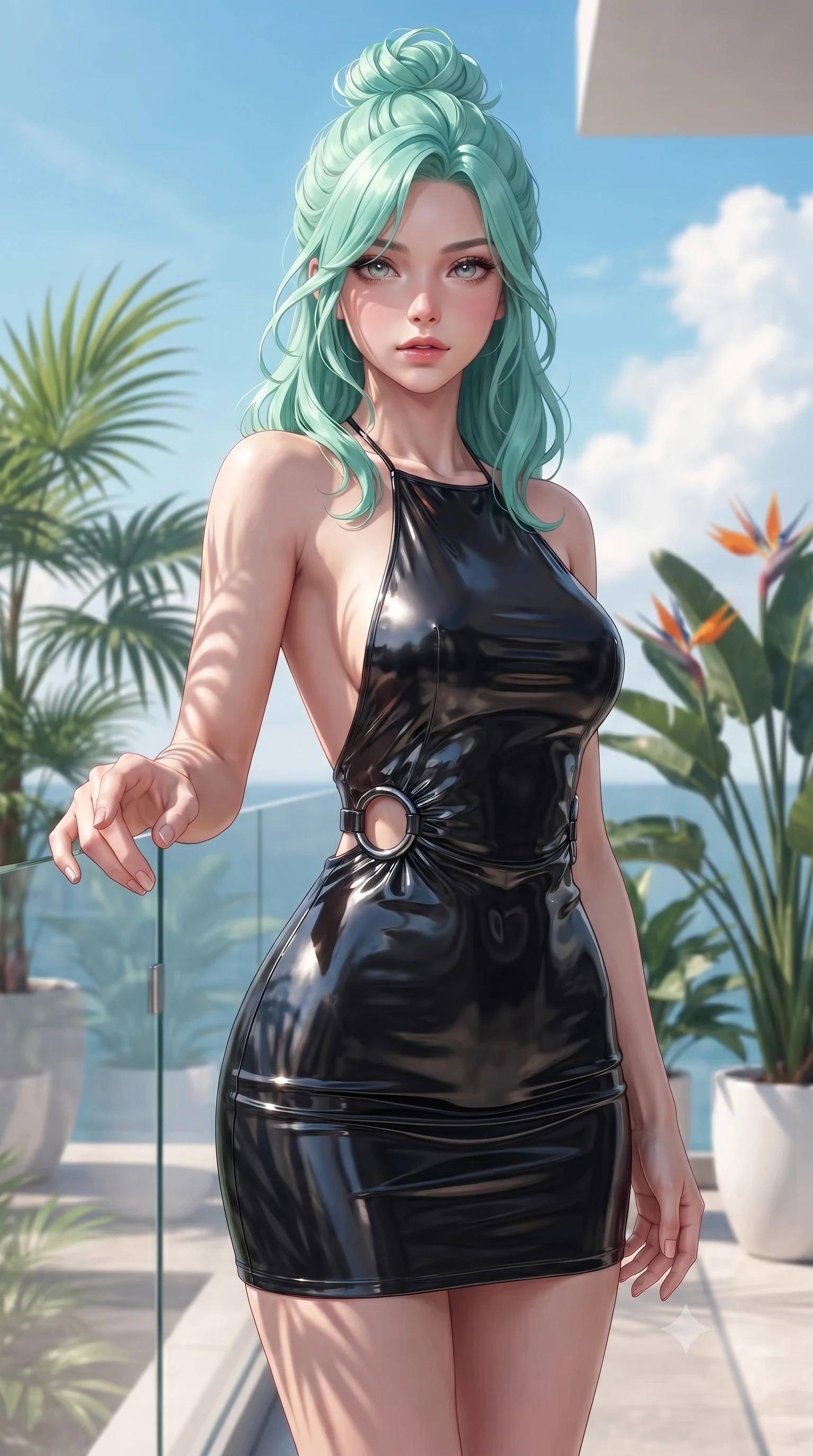 score_9, masterpiece, best quality, ultra-detailed, high-budget anime keyframe, editorial fashion photography, tasteful artistic composition, Japanese woman. close-up cowboy shot from the waist and thighs up, the character dominates the composition, filling the frame with her large presence, background elements kept in soft focus. Reaching one hand toward the viewer with relaxed sensual elegance, standing beside a glass balustrade surrounded by potted lush tropical palms, crisp sky blue and white background providing high-definition contrast. She has an exceptionally elegant, slender, and willowy female figure with an ultra-slim waist, a gracefully sculpted slender torso, and a refined silhouette. sharp v-shaped jawline, high-bridge nose, intricate jewel-like eyes with depth, thick eyelashes, glossy lips with a natural sheen. wearing backless liquid vinyl mini slip dress with bare shoulder halter neckline in pitch-black onyx, made of polished black leather, accented with sculpted obsidian chrome rings at the waist, following her slender form with tailored precision. surrounded by a radiant sunlit ambiance with sharp organic leaf shadows. ultra-reflective glossy finish, specular highlights, metallic sheen, high-contrast stereoscopic depth, volumetric dynamic lighting, 2k, ultra detail, master piece, 9:16 ratio