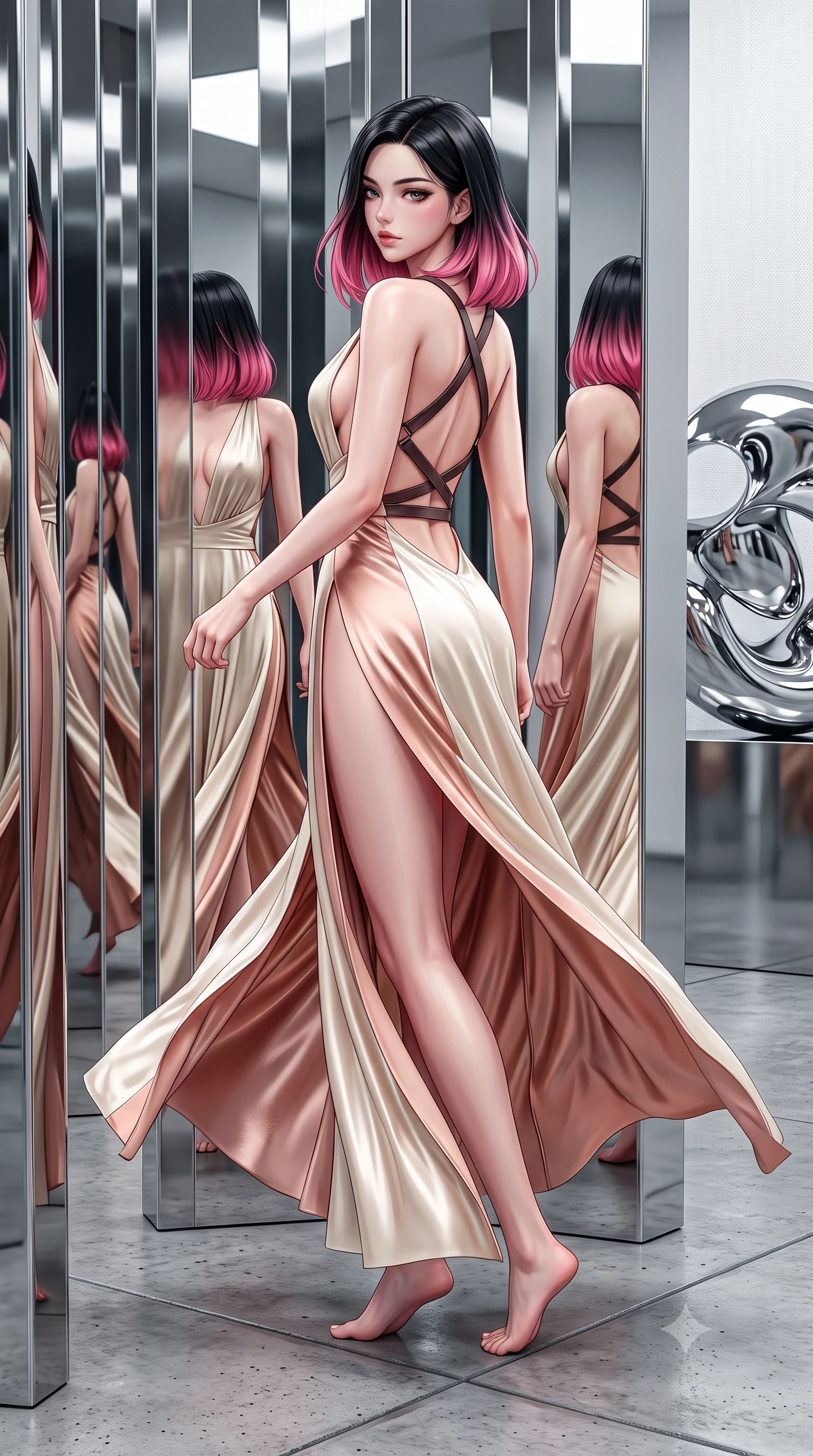 score_9, masterpiece, best quality, ultra-detailed, high-budget anime keyframe, semi-realistic 3D game render, editorial fashion photography, tasteful artistic composition, Korean woman. low angle full-body shot from head to toe showing her feet, filling the entire 9:16 vertical frame with her statuesque presence, stretching her vertical silhouette. executing an elegant mid-motion pivot turn as garments swirl around her slender limbs, glancing over her shoulder with an intoxicating bedroom-gaze while standing poised between mirror-finished stainless steel columns, her graceful hourglass silhouette multiplied into infinite reflections. The surrounding environment is rendered in vivid detail and crisp panoramic clarity. sharp canvas texture weave, polished chrome sculpture surfaces, and concrete gallery floor seams in deep focus. She has an exceptionally tall and slender model-like 8.5-heads proportion, an ultra-slim waist, a flat toned midriff, narrow delicate ribcage, and beautifully sculpted feminine hips creating a graceful, slim hourglass silhouette without any bulky heaviness, with impossibly long slender legs. sharp v-shaped jawline, high-bridge nose, intricate jewel-like eyes with depth, thick eyelashes, glossy parted lips with a natural sheen, intensely captivating and seductive bedroom-eyes expression, flawlessly proportioned anatomical accuracy, strict slender model proportions, natural body alignment, perfectly sculpted long slender limbs, ultra-slim waistline, clean dynamic posture without body distortion. wearing a plunging-V neckline duchess satin gown with high side slits ascending to the high hip in vintage champagne ivory and delicate rose gold, tailored from liquid silk jersey adhering flawlessly to her slender build, featuring an open-back criss-cross harness strap in dark leather, the form-contouring material adhering flawlessly to her sculpted flat midriff and slender torso, emphasizing her long leg lines and perfectly proportioned willowy build. surrounded by a sophisticated, avant-garde, and dangerously seductive art-world muse aura. highly saturated vibrant anime colors, detailed shading with soft gradients, rich glossy textures, high-contrast stereoscopic depth, volumetric dynamic lighting, master piece, 9:16 ratio