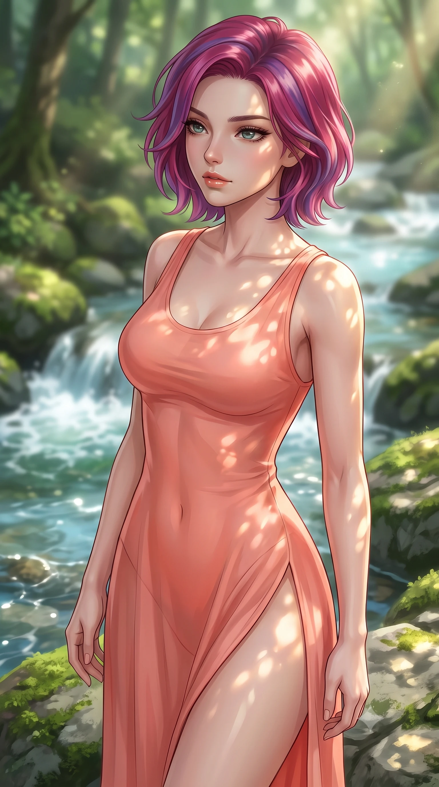 score_9, masterpiece, best quality, ultra-detailed, high-budget anime keyframe, editorial fashion photography, tasteful artistic composition, Caucasian woman woman. close-up cowboy shot from the waist and thighs up, the character dominates the composition, filling the frame with her large presence, background elements kept in soft focus. looking past the camera with a peaceful, thoughtful gaze, enjoying the warm sunlight the background shows a soft-focus a mossy stone bank beside a bubbling forest stream with clear running water. She has an exceptionally elegant, slender, and willowy female figure with an ultra-slim waist, a gracefully sculpted slender torso, and a refined silhouette. sharp v-shaped jawline, high-bridge nose, intricate jewel-like eyes with depth, thick eyelashes, glossy lips with a natural sheen. wearing a form-contouring high-slit sheer chiffon resort dress in soft coral, revealing the contours of her athletic build through the fabric. dappled sunbeams reflecting off the moving water surface onto her form. 2k, ultra detail, master piece, 9:16 ratio