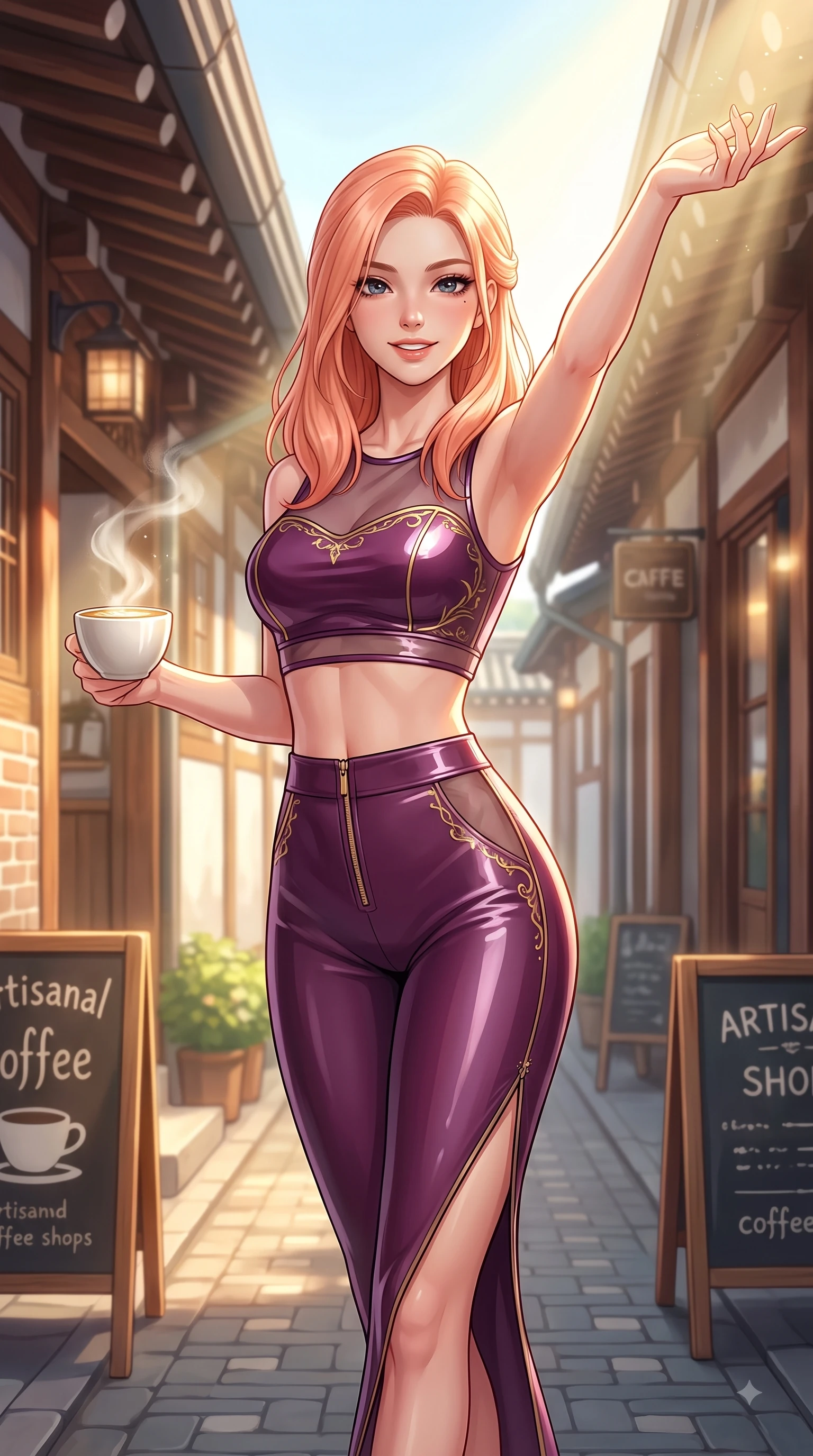 score_9, masterpiece, best quality, ultra-detailed, high-budget anime keyframe, editorial fashion photography, tasteful artistic composition, Japanese woman. close-up cowboy shot from the waist and thighs up, the character dominates the composition, filling the frame with her large presence, background elements kept in soft focus. Extending one arm in an elegant stretch toward the light while smiling with vibrant, youthful self-assurance while stepping along a quiet Hanok alley lined with artisanal coffee shops under warm sunlight, steam rising gracefully from a porcelain latte cup catching bright sunbeams. She has an exceptionally elegant, slender, and willowy female figure with an ultra-slim waist, a gracefully sculpted slender torso, and a refined silhouette. sharp v-shaped jawline, high-bridge nose, intricate jewel-like eyes with depth, thick eyelashes, glossy lips with a natural sheen, flawlessly proportioned anatomical accuracy, natural body alignment, perfectly sculpted elegant limbs, clean dynamic posture without body distortion. wearing a glossy vinyl crop top and high-waist tailored leggings with sleek zippers in plum purple and gold filigree, woven from fine semi-opaque sheer organza, finished with a sleek side slit ascending to mid-thigh, the tailored fabric tightly following every curve of her athletic build. surrounded by a cozy, intimate, and relaxing cafe atmosphere. highly saturated vibrant anime colors, detailed shading with soft gradients, rich glossy textures, high-contrast stereoscopic depth, volumetric dynamic lighting, master piece, 9:16 ratio