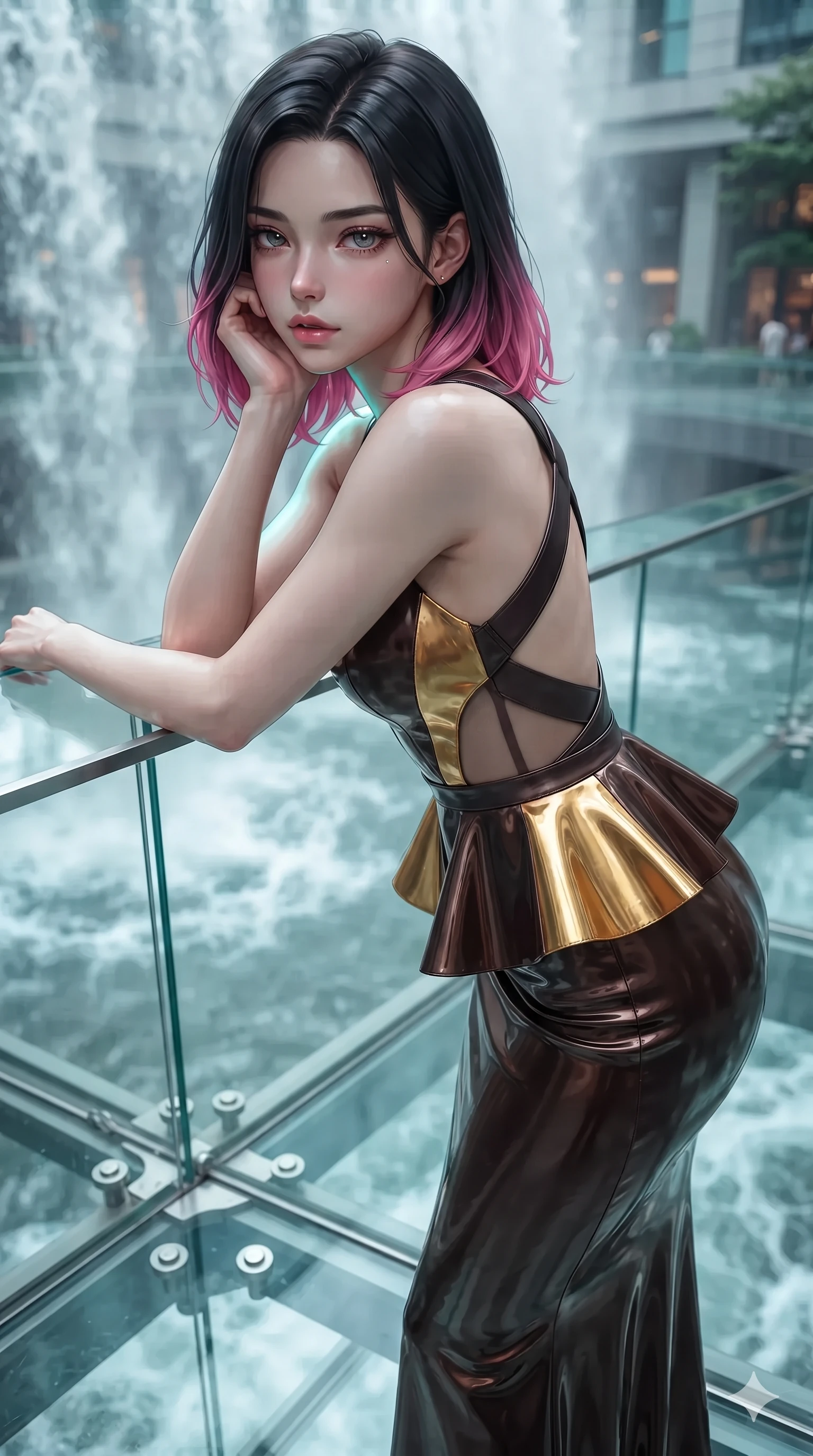 score_9, masterpiece, best quality, ultra-detailed, high-budget anime keyframe, editorial fashion photography, tasteful artistic composition, Korean woman. close-up cowboy shot from the waist and thighs up, the character dominates the composition, filling the frame with her large presence. resting one elbow on the table and supporting her chin, leaning close to the camera with heavy-lidded sparkling eyes and parted lips while standing poised at the center of the transparent span, arching her lower back with sovereign supermodel grace as mineral waterfall mist rises around her. The surrounding environment is rendered in vivid detail and crisp panoramic clarity: sharp glass floor structural joints, high-velocity water froth speculars, and stainless steel support cable bevels in deep focus. She has an exceptionally elegant, slender, and willowy female figure with an ultra-slim waist, flat toned midriff, narrow ribcage, and sculpted feminine hips creating an alluring, slim hourglass silhouette without bulk. sharp v-shaped jawline, high-bridge nose, intricate jewel-like sparkling eyes with depth, thick eyelashes, glossy parted lips with a natural sheen, intensely captivating and seductive bedroom-eyes expression, exuding both youthful cute charm and sovereign luxury allure, flawlessly proportioned anatomical accuracy, strict slender model proportions, natural body alignment, perfectly sculpted long slender limbs, ultra-slim waistline, clean dynamic posture without body distortion. wearing a structural geometric peplum gown with sheer side-ribbon cutouts and form-fitting skirt in dark espresso brown and molten gold foil, made of fluid liquid jersey with seamless sculpting hold and smooth contours, featuring an open-back criss-cross harness strap in dark leather, the form-contouring material adhering flawlessly to her sculpted flat midriff and slender torso, emphasizing her long leg lines and perfectly proportioned willowy build. illuminated by glass floor bounce and sharp turquoise-platinum rim lights defining her razor-sharp jawline, narrow waist, and curvy hips. ultra-reflective glossy finish, specular highlights, rich textural contrasts, high-contrast stereoscopic depth, volumetric dynamic lighting, 2k, ultra detail, master piece, 9:16 ratio