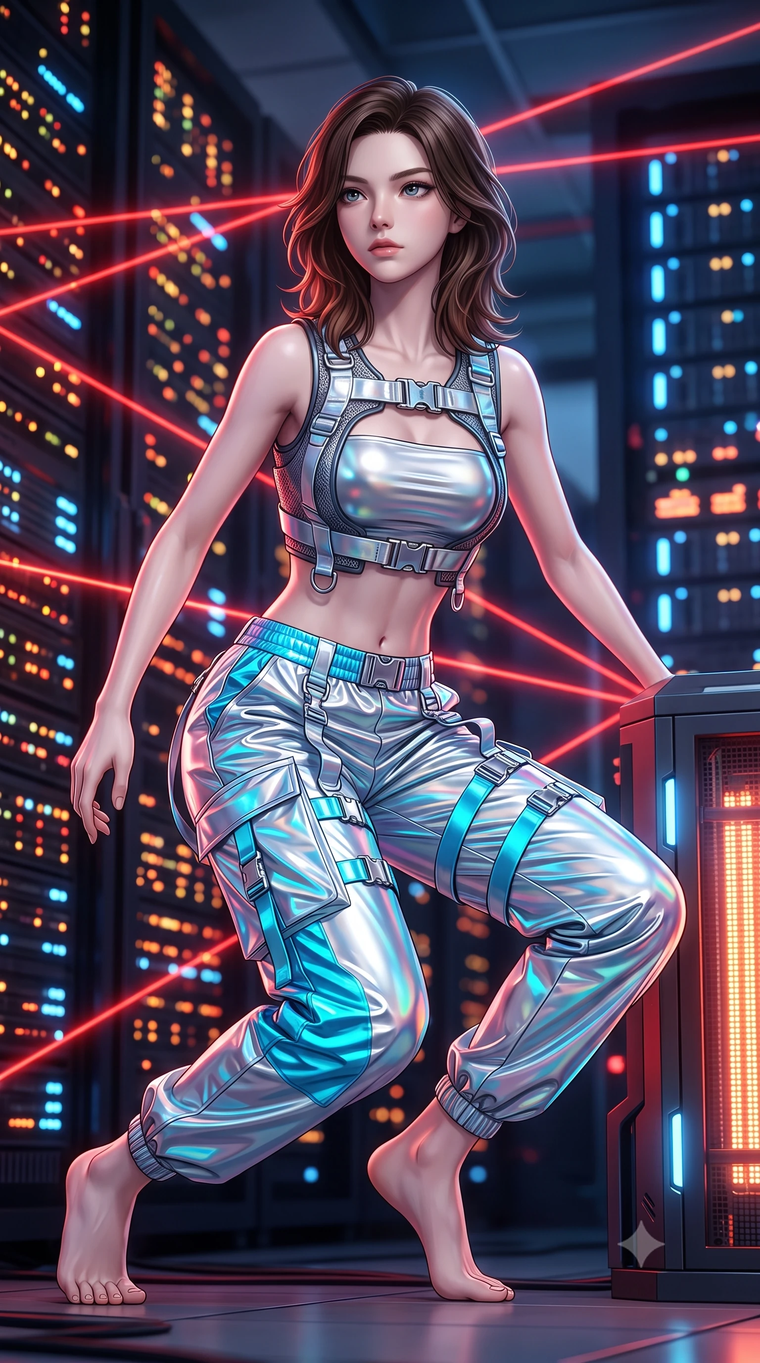 score_9, masterpiece, best quality, ultra-detailed, high-budget anime keyframe, semi-realistic 3D game render, editorial fashion photography, tasteful artistic composition, Korean woman. low angle full-body shot from head to toe showing her feet, filling the entire 9:16 vertical frame with her statuesque presence, stretching her vertical silhouette. pivoting dynamically with supreme athletic balance and poise, her impossibly long slender legs creating a breathtaking line while sliding into a low tactical crouch beside a glowing data core, eyes scanning the perimeter with lethal intelligence. The composition keeps background elements in soft focus with creamy bokeh. endless glowing server rack indicator LEDs and intersecting red laser lines blurred into fiery crimson, amber, and obsidian bokeh. She has an absolutely perfect, statuesque 8.5-heads proportion, an exceptionally tall and slender model-like female figure with impossibly long slender legs, a toned flat midriff, and an ultra-slim waist. sharp v-shaped jawline, high-bridge nose, intricate jewel-like eyes with depth, thick eyelashes, glossy lips with a natural sheen, captivating and magnetic expression, flawlessly proportioned anatomical accuracy, strict slender model proportions, natural body alignment, perfectly sculpted long slender limbs, ultra-slim waistline, clean dynamic posture without body distortion. wearing a futuristic cropped tech-harness vest worn over a silver reflective tube top and high-rise metallic parachute cargo pants in holographic silver and electric cyan, crafted from high-gloss metallic ripstop nylon and flexible carbon mesh, detailed with heavy-duty chrome quick-release buckles and D-ring straps edition #33, the glove-like aerodynamic second-skin fit tightly clinging to her ultra-slender waist and athletic curves without adding bulk, accentuating her razor-sharp statuesque lines and slim hourglass silhouette. bathed in dramatic intersecting red laser beam illumination and cool blue server indicator glow. highly saturated vibrant anime colors, detailed shading with soft gradients, rich glossy textures, high-contrast stereoscopic depth, volumetric dynamic lighting, master piece, 9:16 ratio