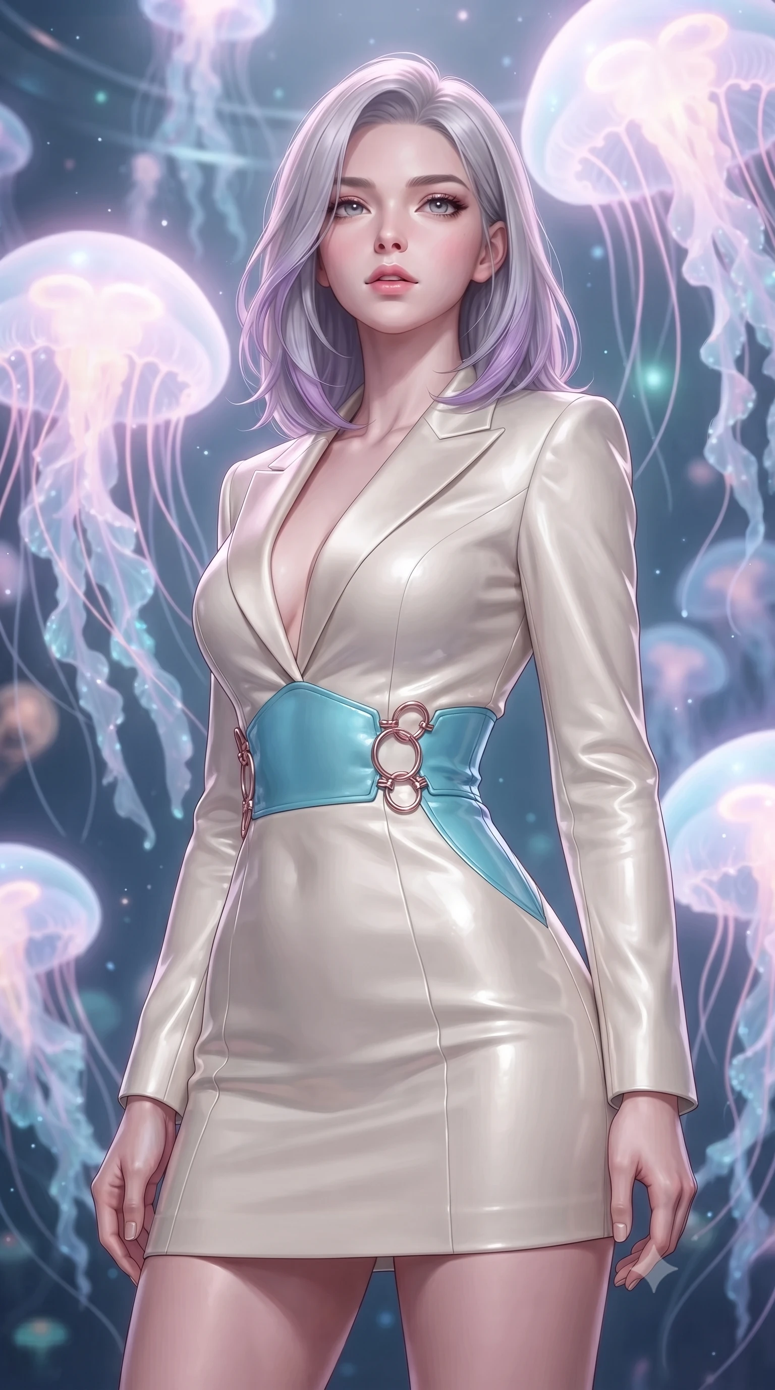 score_9, masterpiece, best quality, ultra-detailed, high-budget anime keyframe, editorial fashion photography, tasteful artistic composition, Caucasian woman. close-up cowboy shot from the waist and thighs up, the character dominates the composition, filling the frame with her large presence, background elements kept in soft focus. Tilting her chin up slightly with lips parted in a composed, magnetic expression, inside a floating glass sanctuary filled with bioluminescent opal jellyfish emitting soft pastel rays, soft opal bioluminescence filtering through delicate translucent tentacles. She has an exceptionally elegant, slender, and willowy female figure with an ultra-slim waist, a gracefully sculpted slender torso, and a refined silhouette. sharp v-shaped jawline, high-bridge nose, intricate jewel-like eyes with depth, thick eyelashes, glossy lips with a natural sheen. wearing tailored ivory tux dress with satin lapels and fitted waist in sky blue turquoise, made of polished ivory leather, trimmed with rose-gold ring hardware along the waist contours, accentuating her gracefully sculpted slender torso. illuminated by soft opal bioluminescence and radiant pastel inner glow. ultra-reflective glossy finish, specular highlights, metallic sheen, high-contrast stereoscopic depth, volumetric dynamic lighting, 2k, ultra detail, master piece, 9:16 ratio
