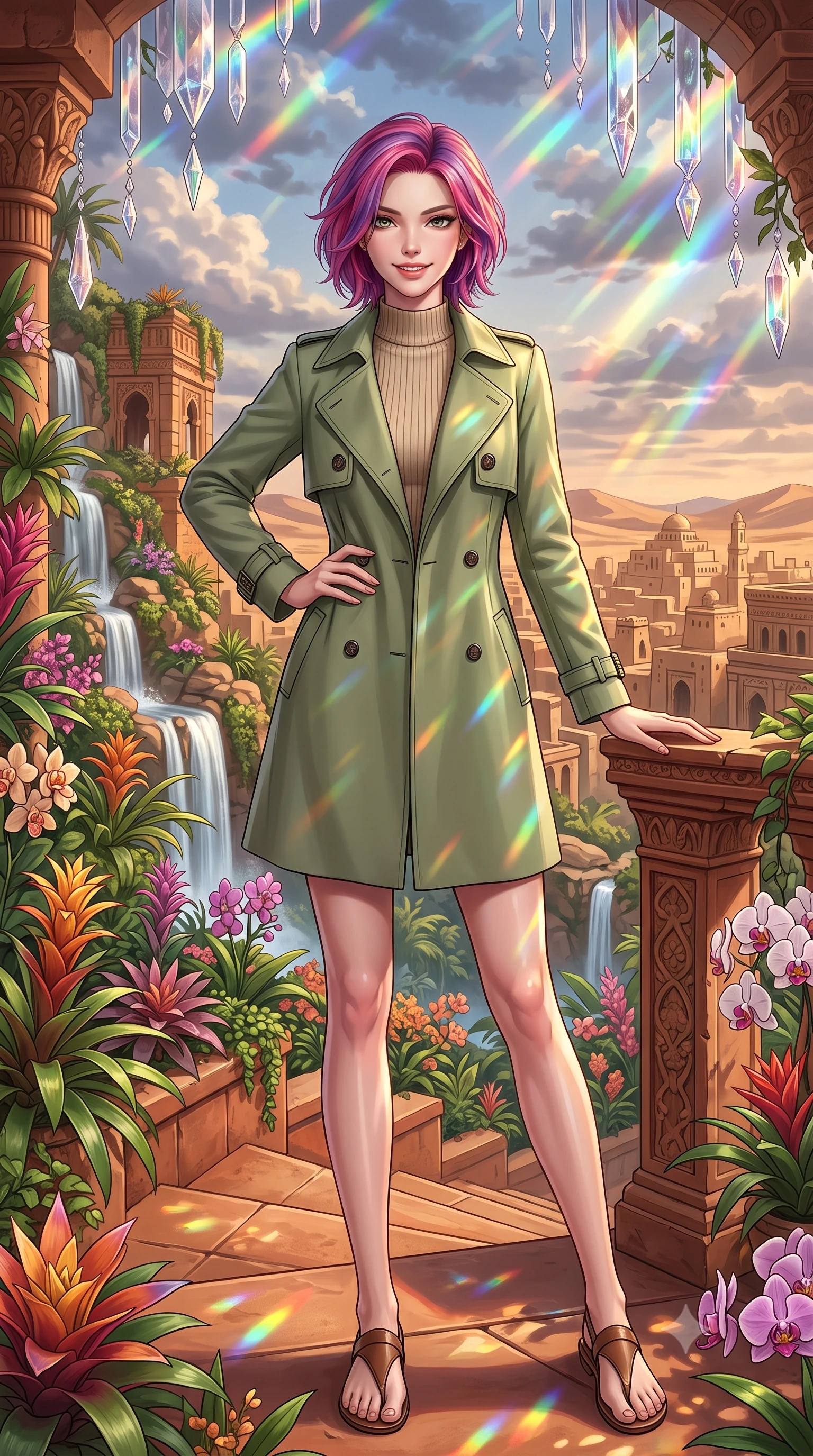 score_9, masterpiece, best quality, ultra-detailed, high-budget anime keyframe, editorial fashion photography, tasteful artistic composition, Caucasian woman, strictly human ears. low angle full-body shot from head to toe showing her feet, filling the entire 9:16 vertical frame with her statuesque presence, stretching her vertical silhouette. striking a proud, smiling pose within on the stepped terraces of a lush hanging garden filled with tropical flowers, cascading waterfalls, and terracotta pathways overlooking an ancient desert city. She has a statuesque 8.5-heads proportion, an exceptionally tall, slender and willowy model-like build with impossibly long legs and a highly sculpted ultra-slim waist. sharp v-shaped jawline, high-bridge nose, intricate jewel-like eyes with depth, thick eyelashes, glossy lips with a natural sheen. wearing a structured double-breasted trench in soft olive green over a beige ribbed knit mock-neck top. cascading rainbow prismatic light refracting through crystal formations overhead. 2k, ultra detail, master piece, 9:16 ratio