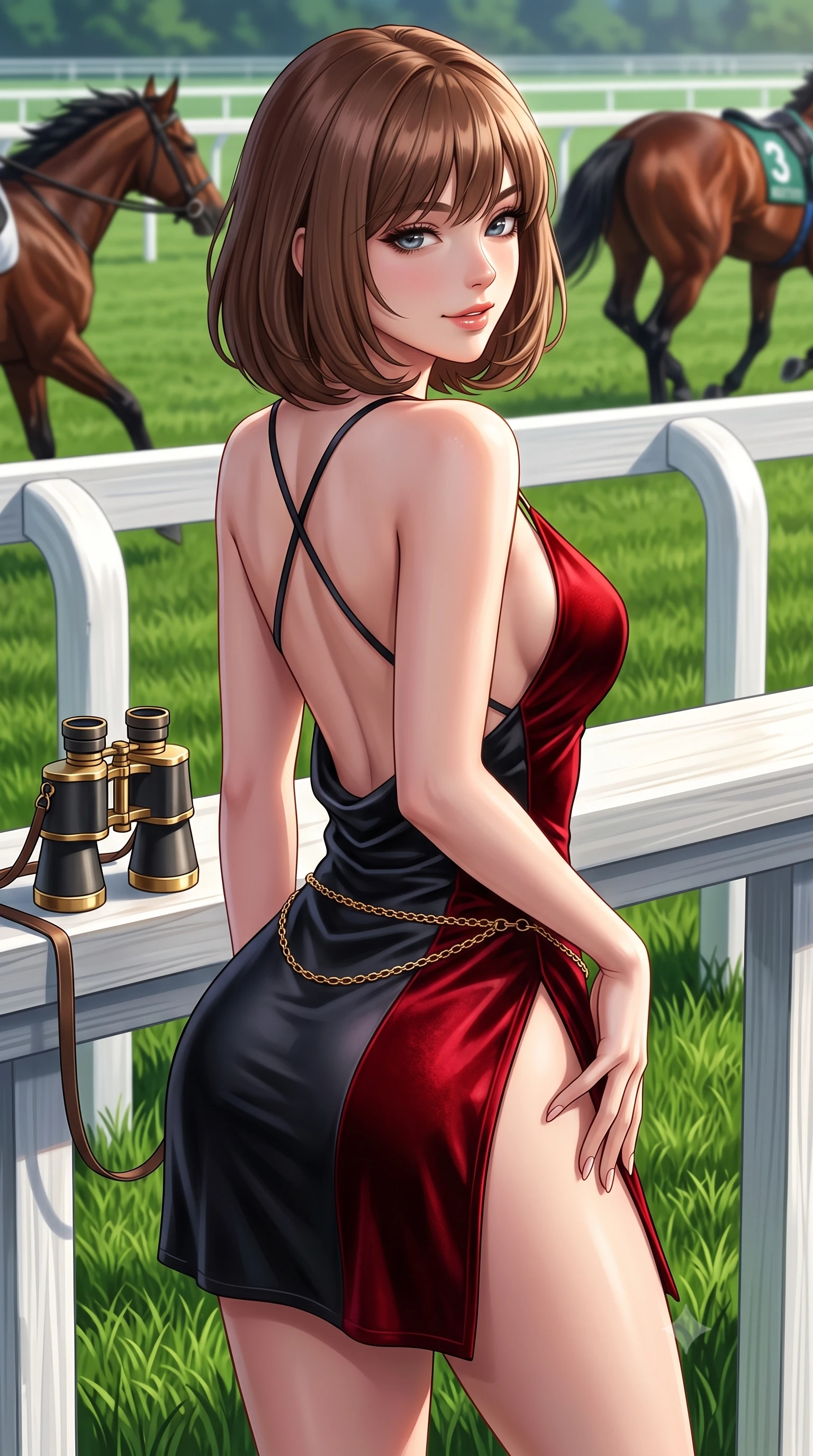 score_9, masterpiece, best quality, ultra-detailed, high-budget anime keyframe, semi-realistic 3D game render, editorial fashion photography, tasteful artistic composition, Caucasian woman. close-up cowboy shot from the waist and thighs up, the character dominates the composition, filling the frame with her large presence. turning over a bare shoulder with an intoxicating, teasing smile, her soft hair framing her sharp jawline as her hips angle gracefully while resting one manicured hand delicately on her hip bone while gazing through thick eyelashes at the passing racehorses, parted glossy lips catching the sunlight. The surrounding environment is rendered in vivid detail and crisp panoramic clarity. sharp white wooden paddock rails, polished brass binocular hardware, and manicured turf grass blades in deep focus. She has an exceptionally elegant, slender, and willowy female figure with an ultra-slim waist, flat toned midriff, narrow ribcage, and sculpted feminine hips creating an alluring, slim hourglass silhouette without bulk. sharp v-shaped jawline, high-bridge nose, intricate jewel-like eyes with depth, thick eyelashes, glossy parted lips with a natural sheen, intensely captivating and seductive bedroom-eyes expression, flawlessly proportioned anatomical accuracy, strict slender model proportions, natural body alignment, perfectly sculpted long slender limbs, ultra-slim waistline, clean dynamic posture without body distortion. wearing a backless cowl-neck satin slip dress featuring high-cut side hip slits and delicate criss-cross back straps in phantom obsidian black and blood-red velvet, formed from supple second-skin lambskin leather with specular sheen, accented with a delicate gold chain belt resting loosely on her curvy hips, the form-contouring material adhering flawlessly to her sculpted flat midriff and slender torso, emphasizing her long leg lines and perfectly proportioned willowy build. surrounded by an untouchable, elite, and irresistibly prestigious equestrian heiress aura. highly saturated vibrant anime colors, detailed shading with soft gradients, rich glossy textures, high-contrast stereoscopic depth, volumetric dynamic lighting, master piece, 9:16 ratio