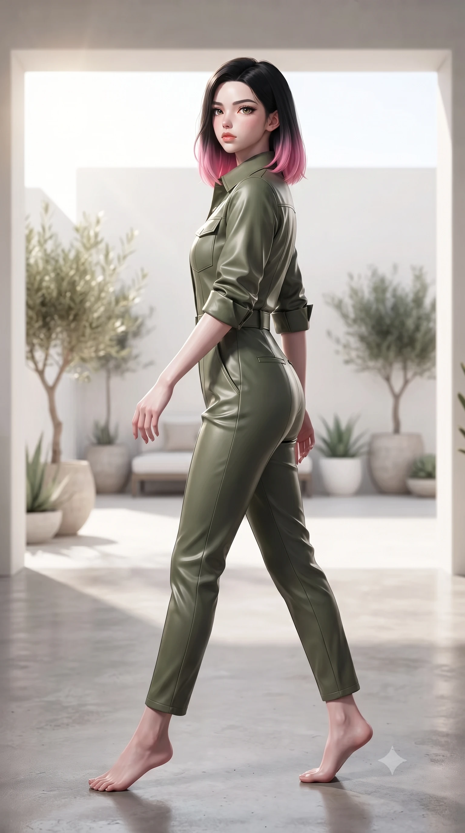 score_9, masterpiece, best quality, ultra-detailed, high-budget anime keyframe, editorial fashion photography, tasteful artistic composition, Korean woman woman. low angle full-body shot from head to toe showing her feet, filling the entire 9:16 vertical frame with her statuesque presence, stretching her vertical silhouette. stepping gracefully while looking back over her shoulder, her dress draped tightly to reveal her silhouette the background shows a soft-focus a white-walled minimal villa suite with a private terrace and potted plants. She has an absolutely perfect, statuesque 8.5-heads proportion, an exceptionally tall and slender model-like female figure with impossibly long slender legs and an ultra-slim waist. sharp v-shaped jawline, high-bridge nose, intricate jewel-like eyes with depth, thick eyelashes, glossy lips with a natural sheen. wearing a slim-fit comfortable olive green utility jumpsuit with a structured collar and rolled-up sleeves. bright morning sun rays creating fresh and energetic shadows. ultra-reflective glossy finish, specular highlights, metallic sheen, high-contrast stereoscopic depth, volumetric dynamic lighting, 2k, ultra detail, master piece, 9:16 ratio