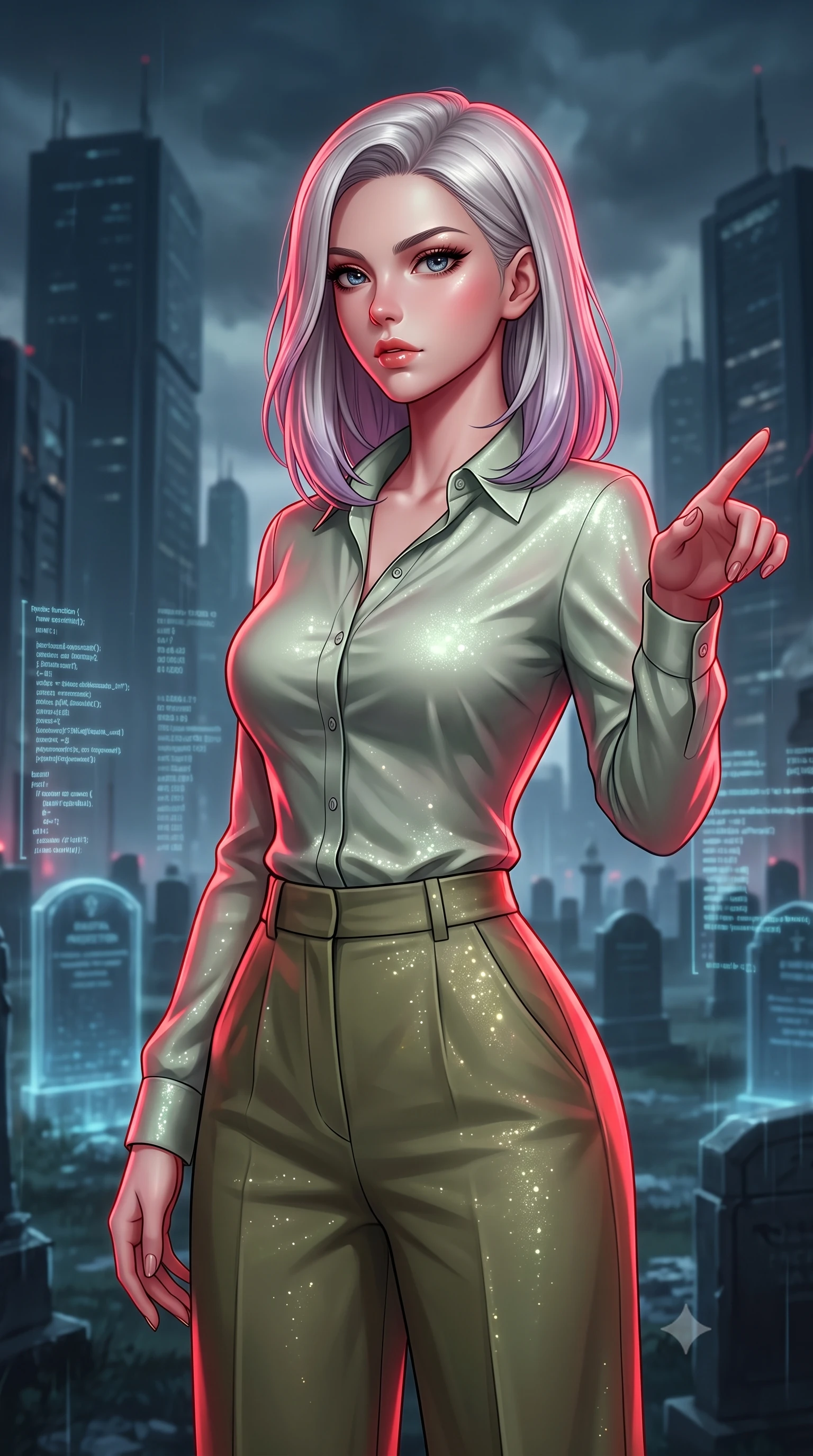 score_9, masterpiece, best quality, ultra-detailed, high-budget anime keyframe, editorial fashion photography, tasteful artistic composition, Caucasian woman, strictly human ears. close-up cowboy shot from the waist and thighs up, the character dominates the composition, filling the frame with her large presence, background elements kept in soft focus. Commanding the starship crew with a decisive gesture, pointing toward the galactic viewscreen. set against a soft-focus background of a futuristic graveyard where tombstones are digital projections, code columns floating in the damp air under towering corporate blocks. She has an exceptionally elegant and slender, willowy female figure with an ultra-slim waist, a gracefully sculpted slender torso, and a refined slim physique. sharp v-shaped jawline, high-bridge nose, intricate jewel-like eyes with depth, thick eyelashes, glossy lips with a natural sheen. wearing catching and diffusing the glowing particles, shimmering softly in response to the surrounding light, a form-contouring pale sage green button-down silk shirt tucked into high-waisted olive green wide-leg trousers. highly saturated vibrant anime colors, intense vivid color palette, soft 3D volumetric shading, volumetric dynamic lighting, deep crimson theatrical lighting with sharp specular highlights on every curve. 2k, ultra detail, master piece, 9:16 ratio