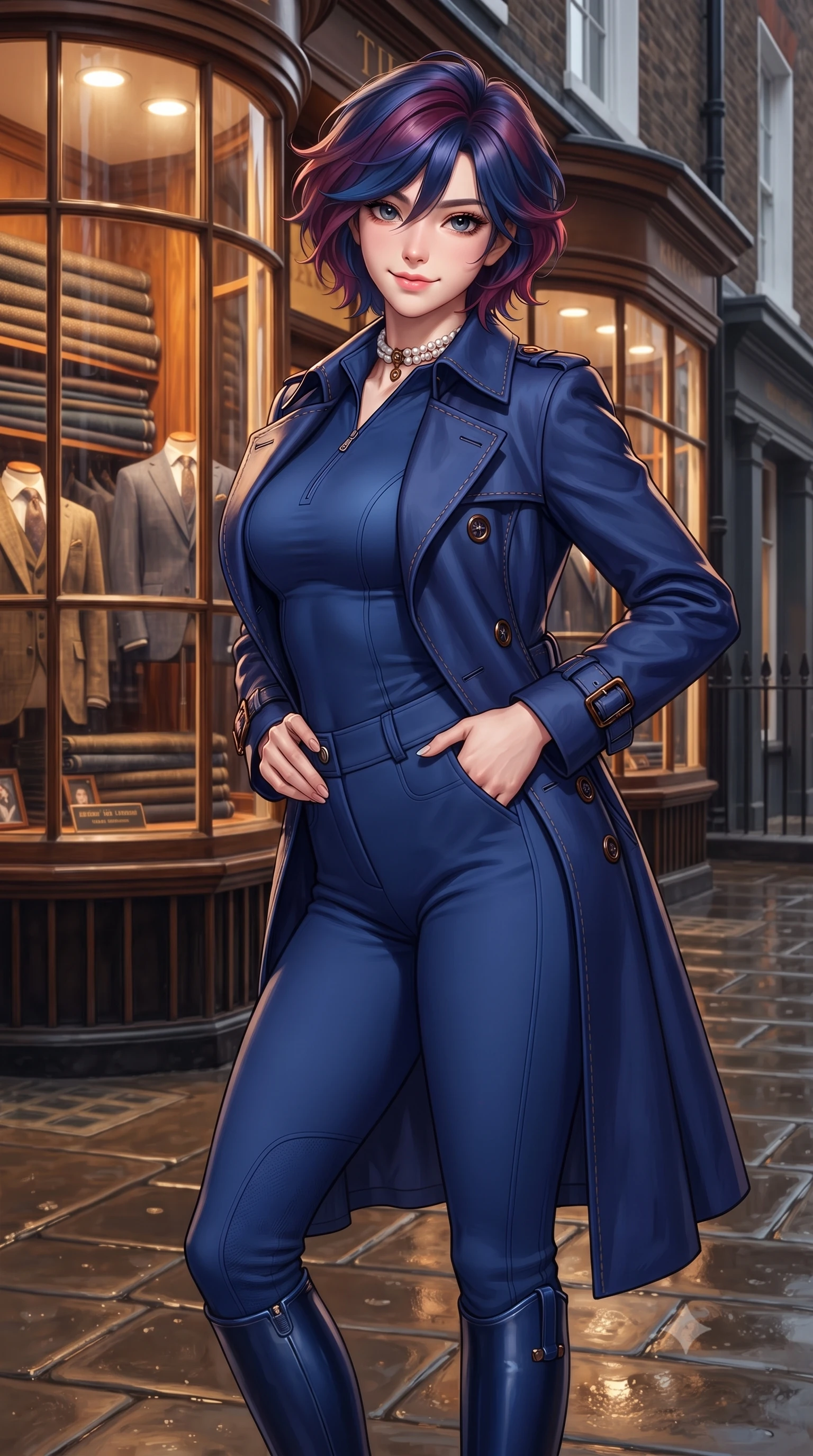 score_9, masterpiece, best quality, ultra-detailed, high-budget anime keyframe, editorial fashion photography, tasteful artistic composition, Korean woman. close-up cowboy shot from the waist and thighs up, the character dominates the composition, filling the frame with her large presence. arching her lower back slightly with one hand resting on her sculpted hip, looking into the camera with an enchanting and coquettish smile while pausing in front of the warm bay window of a heritage Savile Row tailor shop, one hand slipped gracefully into her tailored coat pocket. The surrounding environment is rendered in vivid detail and crisp panoramic clarity: detailed double-breasted trench coat stitching, tortoiseshell buckle accents, and Mayfair heritage streetscape in razor-sharp precision. She has an exceptionally elegant, slender, and willowy female figure with an ultra-slim waist, flat toned midriff, narrow ribcage, and sculpted feminine hips creating an alluring, slim hourglass silhouette without bulk. sharp v-shaped jawline, high-bridge nose, intricate jewel-like sparkling eyes with depth, thick eyelashes, glossy parted lips with a natural peach sheen, bright cheerful beaming smile with an enchanting and coquettish sensual glint, exuding both youthful cute charm and seductive allure, flawlessly proportioned anatomical accuracy, strict slender model proportions, natural body alignment, perfectly sculpted long slender limbs, ultra-slim waistline, clean dynamic posture without body distortion. wearing a form-fitting equestrian stretch bodysuit paired with snug tailored riding breeches and polished knee-high leather boots in royal sapphire blue and antique brushed bronze, crafted from buttery-soft stretch lambskin leather adhering to her body like a second skin, complemented by an antique baroque pearl choker accentuating her delicate neck and collarbones, the body-conscious tailored knit hugging her sculpted torso and curvaceous hips in a seamless, fluid line that highlights her statuesque model proportions. illuminated by wet pavement specular reflections and crisp silver-amber rim lights accentuating her tall slender frame and cheekbones. ultra-reflective glossy finish, specular highlights, rich textural contrasts, high-contrast stereoscopic depth, volumetric dynamic lighting, 2k, ultra detail, master piece, 9:16 ratio