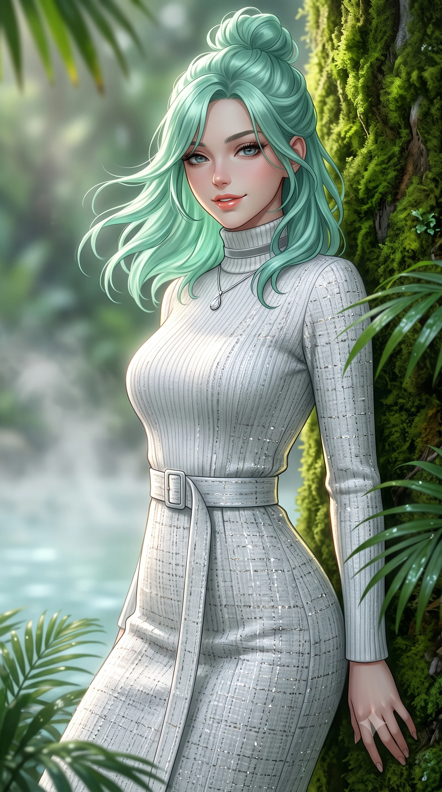 score_9, masterpiece, best quality, ultra-detailed, high-budget anime keyframe, editorial fashion photography, tasteful artistic composition, Japanese woman. close-up cowboy shot from the waist and thighs up, the character dominates the composition, filling the frame with her large presence. turning slowly with an enchanting smoldering smile, her glossy hair tossing in the breeze as her hips angle gracefully in a captivating contrapposto while leaning against the lush vertical moss wall with hips cocked back, looking through dewy tropical palms with heavy-lidded bedroom-eyes. The background shows a soft-focus rising geothermal water vapor softened in exclusive botanical retreat shallow focus. She has an exceptionally elegant, slender, and willowy female figure with an ultra-slim waist, flat toned midriff, narrow ribcage, and sculpted feminine hips creating an alluring, slim hourglass silhouette without bulk. sharp v-shaped jawline, high-bridge nose, intricate jewel-like sparkling eyes with depth, thick eyelashes, glossy parted lips with a natural peach sheen, bright cheerful beaming smile with an enchanting and coquettish sensual glint, exuding both youthful cute charm and seductive allure, flawlessly proportioned anatomical accuracy, strict slender model proportions, natural body alignment, perfectly sculpted long slender limbs, ultra-slim waistline, clean dynamic posture without body distortion. wearing an elegant high-neck Icelandic cashmere ribbed turtleneck coat dress with belted waistline in pure translucent crystal white and liquid platinum, woven from structured British tweed with subtle metallic flecks, finished with a thin velvet ribbon choker and a single teardrop diamond pendant, the impeccably tailored cut draping gracefully along her slender figure with aristocratic poise. illuminated by mineral pool specular bounce and sharp gold-cyan dual rim lights sculpting her jawline, narrow waist, and curvy hips. ultra-reflective glossy finish, specular highlights, rich textural contrasts, high-contrast stereoscopic depth, volumetric dynamic lighting, 2k, ultra detail, master piece, 9:16 ratio