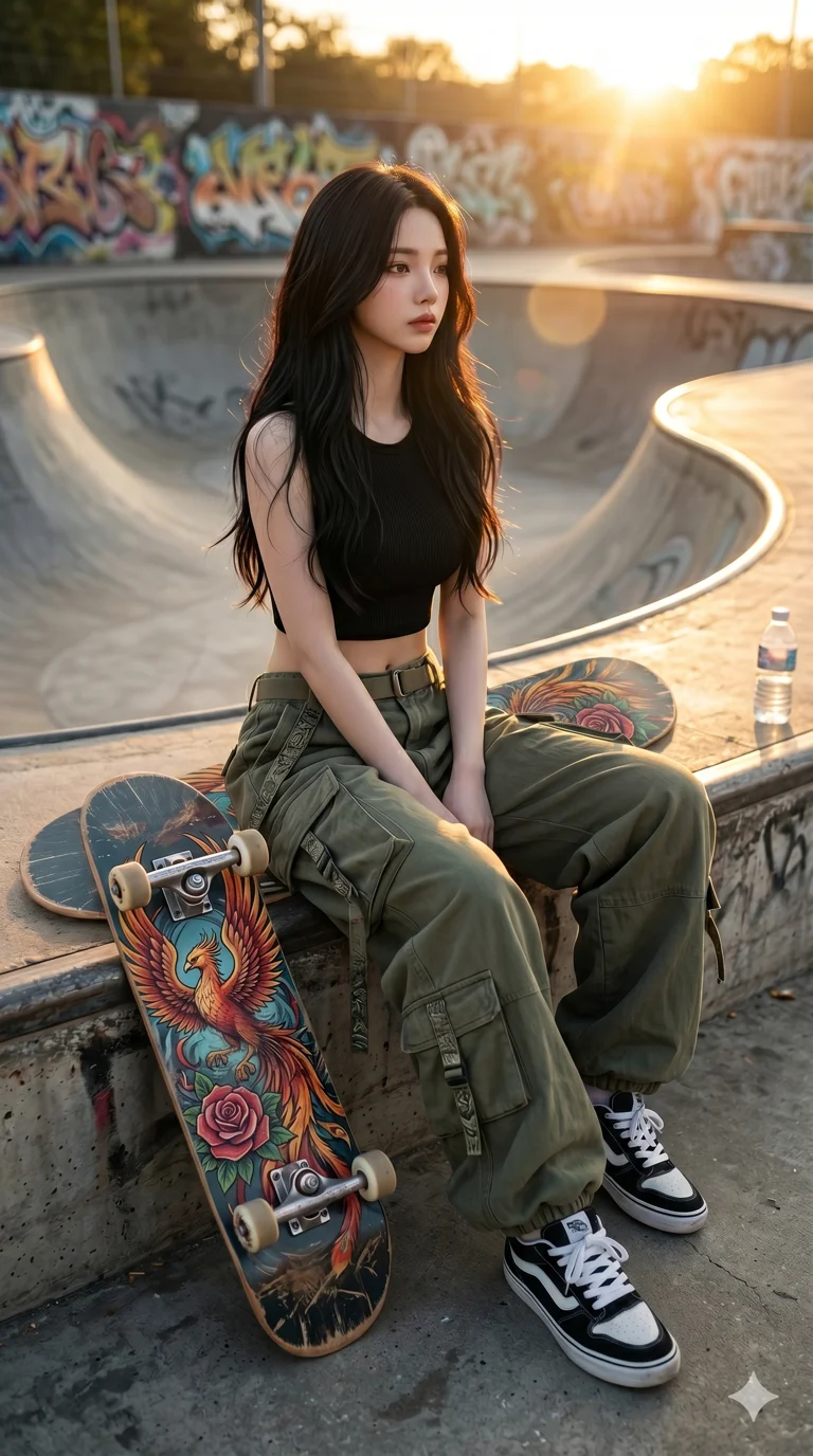 score_9, score_8_up, score_7_up, source_anime, masterpiece, best quality, ultra-detailed, same character with long flowing black hair, wearing a crop top, baggy cargo pants and sneakers, full body shot sitting on a skateboard, concrete skatepark at sunset, golden hour lighting, lens flare, 2k, 9:16 ratio