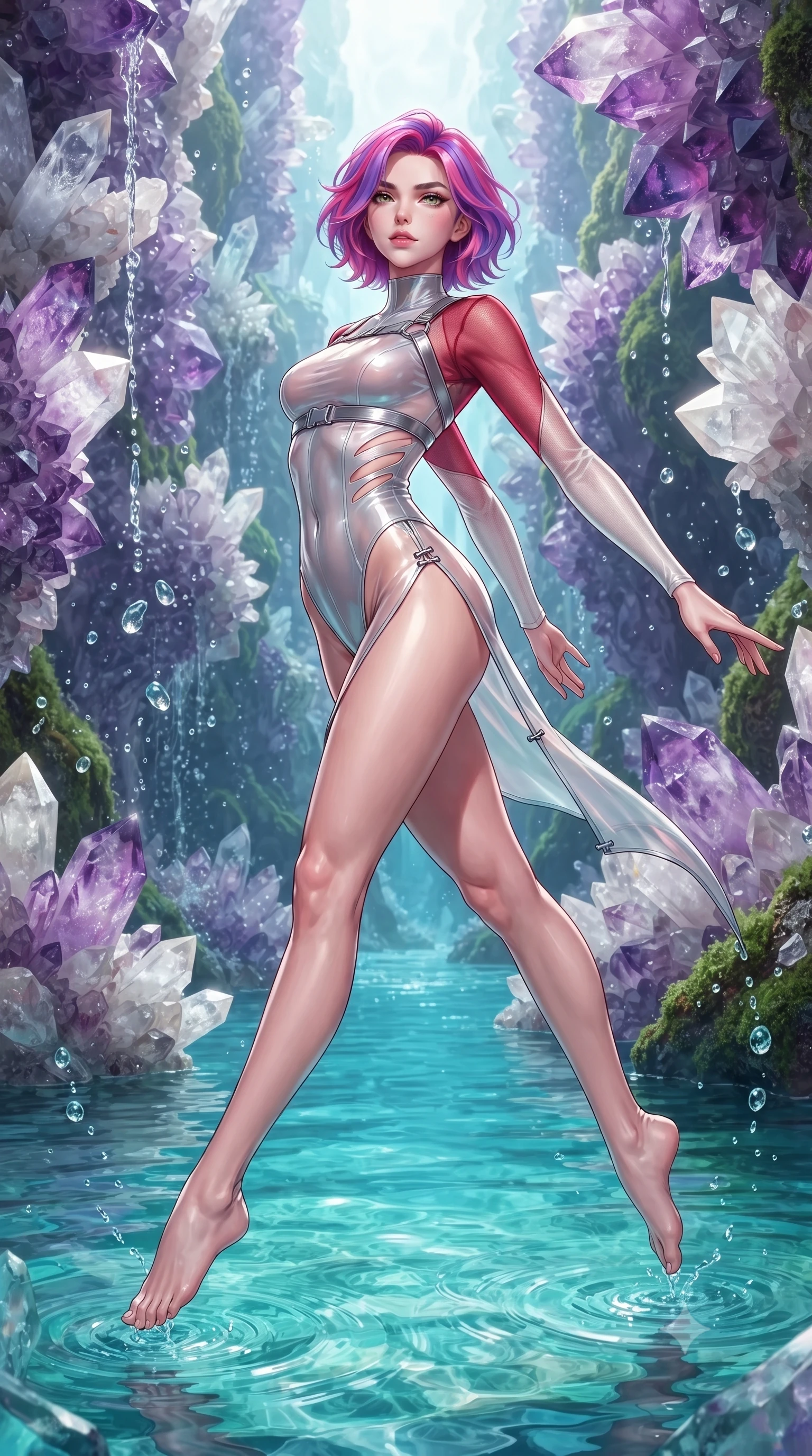 score_9, masterpiece, best quality, ultra-detailed, high-budget anime keyframe, editorial fashion photography, tasteful artistic composition, Caucasian woman. low angle full-body shot from head to toe showing her feet, filling the entire 9:16 vertical frame with her statuesque presence, stretching her vertical silhouette. leaping through mid-air with an athletic yet alluring arch of her spine, her impossibly long slender legs stretched in flawless poise while standing waist-deep in pure turquoise river water framed by towering amethyst and white quartz crystal canyon walls. The surrounding environment is rendered in vivid detail and crisp panoramic clarity. intricate amethyst cluster formations, cascading water splash droplets, and lush canyon moss in high clarity. She has an absolutely perfect, statuesque 8.5-heads proportion, an exceptionally tall and slender model-like female figure with impossibly long slender legs, a toned flat midriff, and an ultra-slim waist. sharp v-shaped jawline, high-bridge nose, intricate jewel-like eyes with depth, thick eyelashes, glossy lips with a natural sheen, flawlessly proportioned anatomical accuracy, strict slender model proportions, natural body alignment, perfectly sculpted long slender limbs, ultra-slim waistline, clean dynamic posture without body distortion. wearing an ultra-sleek high-cut tech-bodysuit featuring dangerous diagonal slitted cutouts on the midriff and shoulders, reinforced by a metallic silver harness and sheer mesh sleeves in radiant crimson silk and crisp snow white, tailored from semi-translucent cybernetic vinyl with glowing micro-filaments, finished with an ultra-high side slit secured by miniature magnetic clasps, the glove-like aerodynamic second-skin fit tightly clinging to her ultra-slender waist and athletic curves without adding bulk, accentuating her razor-sharp statuesque lines and slim hourglass silhouette. surrounded by a pristine, refreshing, and intensely seductive crystal nymph atmosphere. ultra-reflective glossy finish, specular highlights, metallic sheen, high-contrast stereoscopic depth, volumetric dynamic lighting, 2k, ultra detail, master piece, 9:16 ratio