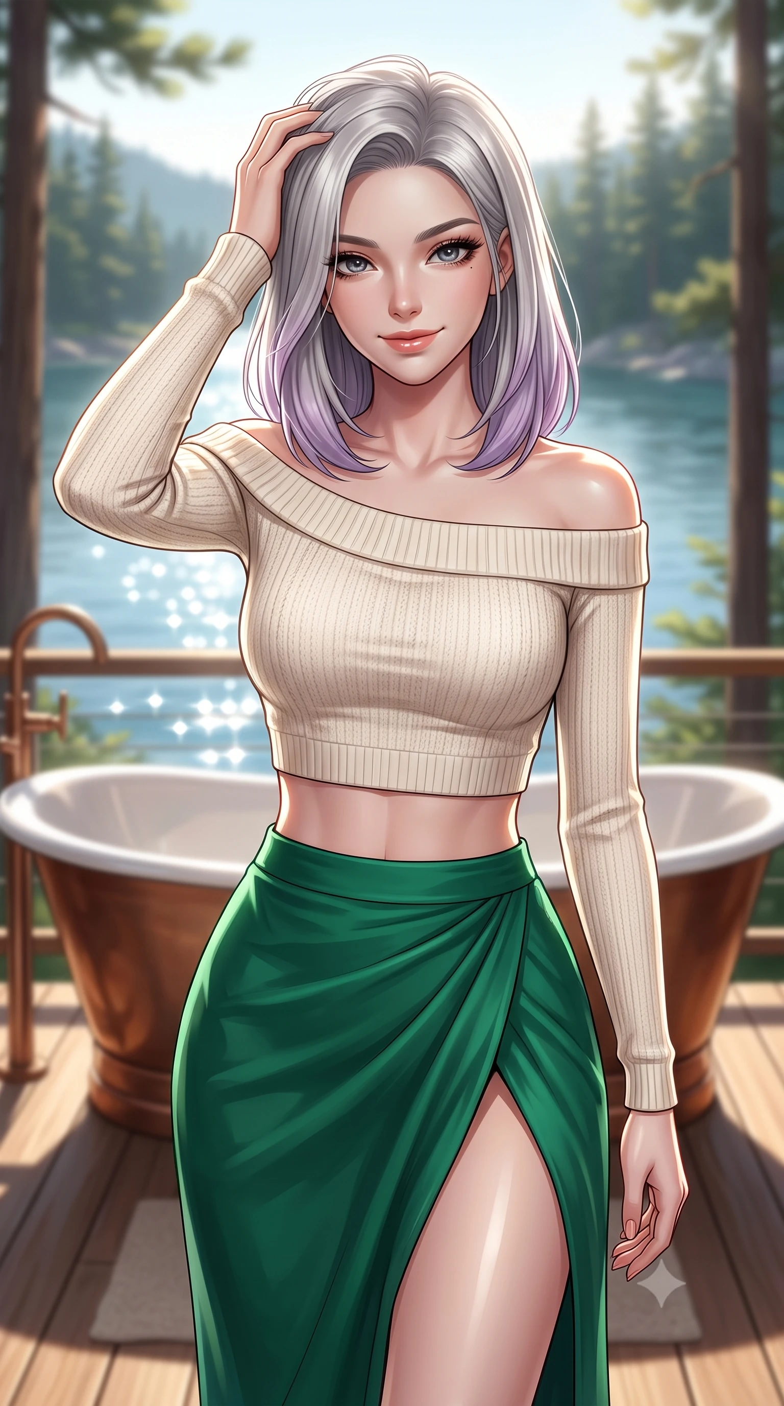 score_9, masterpiece, best quality, ultra-detailed, high-budget anime keyframe, editorial fashion photography, tasteful artistic composition, Caucasian woman. close-up cowboy shot from the waist and thighs up, the character dominates the composition, filling the frame with her large presence, background elements kept in soft focus. smiling with quiet, magnetic self-assurance directly into the camera, running a hand through her hair the background shows a soft-focus a luxury bath tub on a private deck overlooking a quiet bay in a pine forest. She has an exceptionally elegant, slender, and willowy female figure with an ultra-slim waist, a gracefully sculpted slender torso, and a refined silhouette. sharp v-shaped jawline, high-bridge nose, intricate jewel-like eyes with depth, thick eyelashes, glossy lips with a natural sheen. wearing a slim-fit cropped off-shoulder knit top in cream paired with a high-slit wrap skirt in emerald green. bright morning sun rays creating sparkling glints on the water and her form. ultra-reflective glossy finish, specular highlights, metallic sheen, high-contrast stereoscopic depth, volumetric dynamic lighting, 2k, ultra detail, master piece, 9:16 ratio