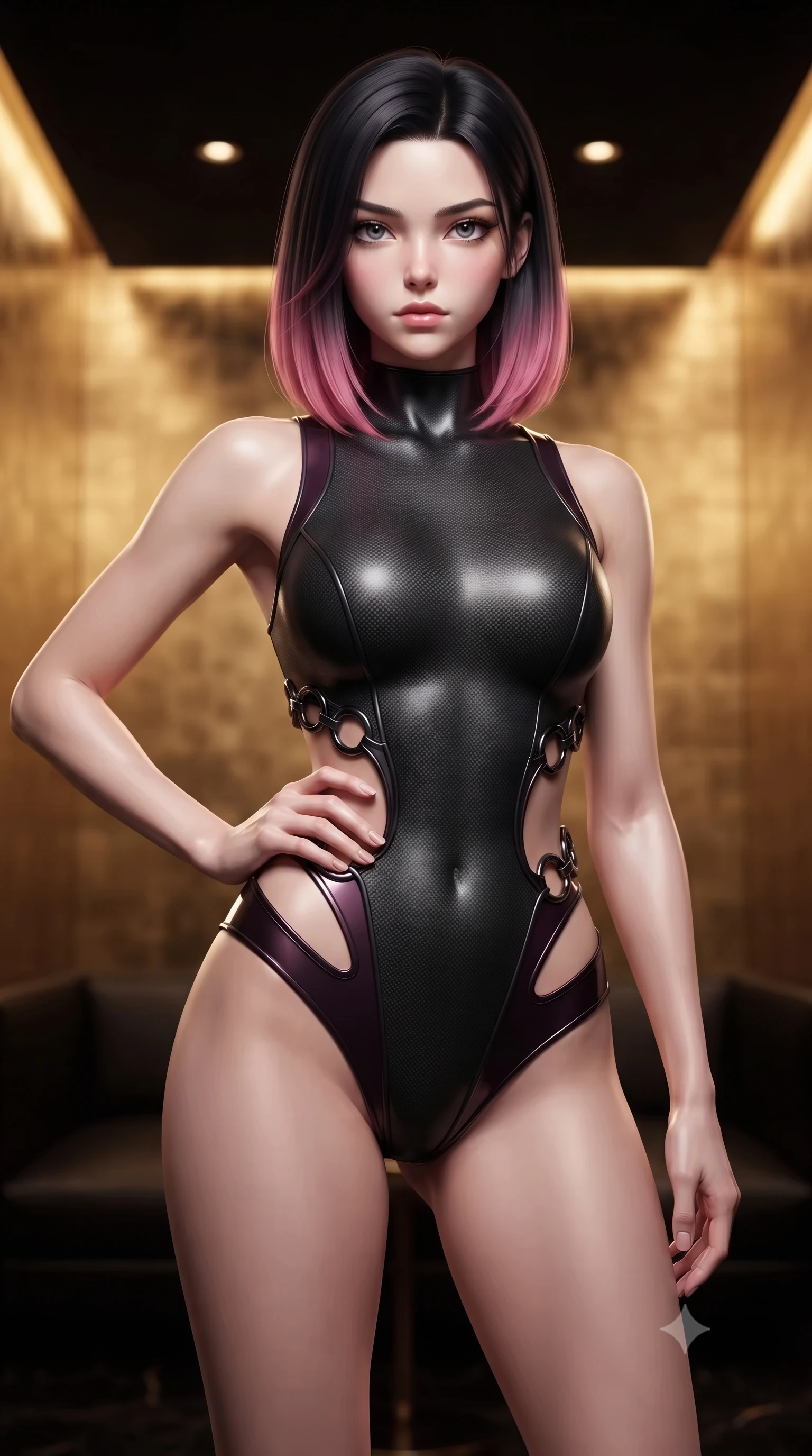 score_9, masterpiece, best quality, ultra-detailed, high-budget anime keyframe, editorial fashion photography, tasteful artistic composition, Korean woman. close-up cowboy shot from the waist and thighs up, the character dominates the composition, filling the frame with her large presence, background elements kept in soft focus. Holding a confident power pose with one hand on her hip, standing in a private VIP lounge lined with hand-hammered gold-leaf walls, refined posture and magnetic charisma in her direct gaze. She has an exceptionally elegant, slender, and willowy female figure with an ultra-slim waist, a gracefully sculpted slender torso, and a refined silhouette. sharp v-shaped jawline, high-bridge nose, intricate jewel-like eyes with depth, thick eyelashes, glossy lips with a natural sheen. wearing sculpted structured cup bodysuit in matte black carbon-fiber with hip cutouts in dark plum violet, made of liquid dark mercury jersey, trimmed with dark chrome ring hardware along the waist contours, highlighting her statuesque proportions and ultra-slim waistline. surrounded by a regal gold and black ambiance with crisp rim lights. ultra-reflective glossy finish, specular highlights, metallic sheen, high-contrast stereoscopic depth, volumetric dynamic lighting, 2k, ultra detail, master piece, 9:16 ratio