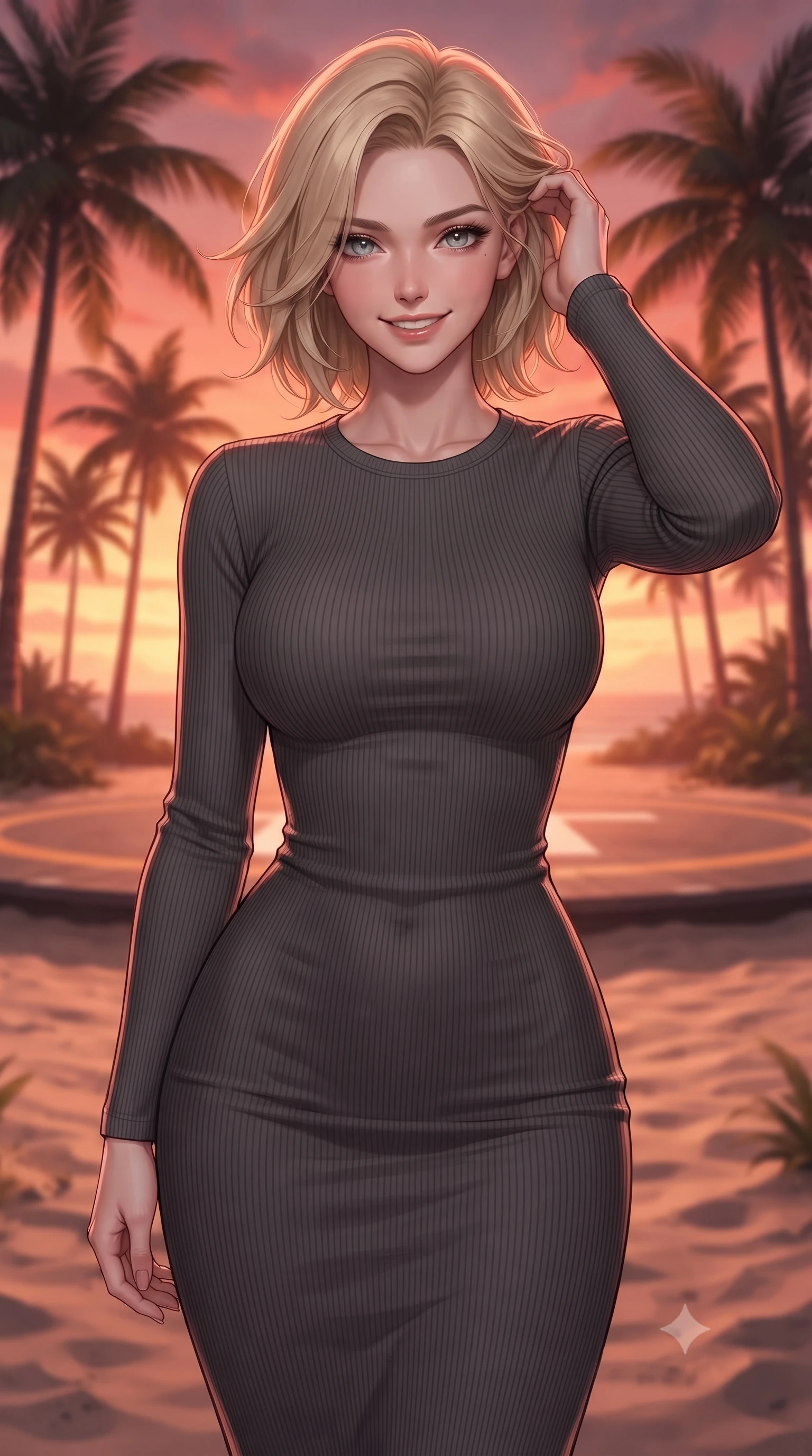 score_9, masterpiece, best quality, ultra-detailed, high-budget anime keyframe, editorial fashion photography, tasteful artistic composition, Caucasian woman. close-up cowboy shot from the waist and thighs up, the character dominates the composition, filling the frame with her large presence, background elements kept in soft focus. smiling with quiet, magnetic self-assurance directly into the camera, running a hand through her hair the background shows a soft-focus a secluded beach resort helipad surrounded by tall palm trees at sunset. She has an exceptionally elegant, slender, and willowy female figure with an ultra-slim waist, a gracefully sculpted slender torso, and a refined silhouette. sharp v-shaped jawline, high-bridge nose, intricate jewel-like eyes with depth, thick eyelashes, glossy lips with a natural sheen. wearing a body-hugging form-contouring ribbed bodycon midi dress in charcoal grey with long sleeves. the warm red and orange sunset sky casting a dramatic glow over the sands. ultra-reflective glossy finish, specular highlights, metallic sheen, high-contrast stereoscopic depth, volumetric dynamic lighting, 2k, ultra detail, master piece, 9:16 ratio