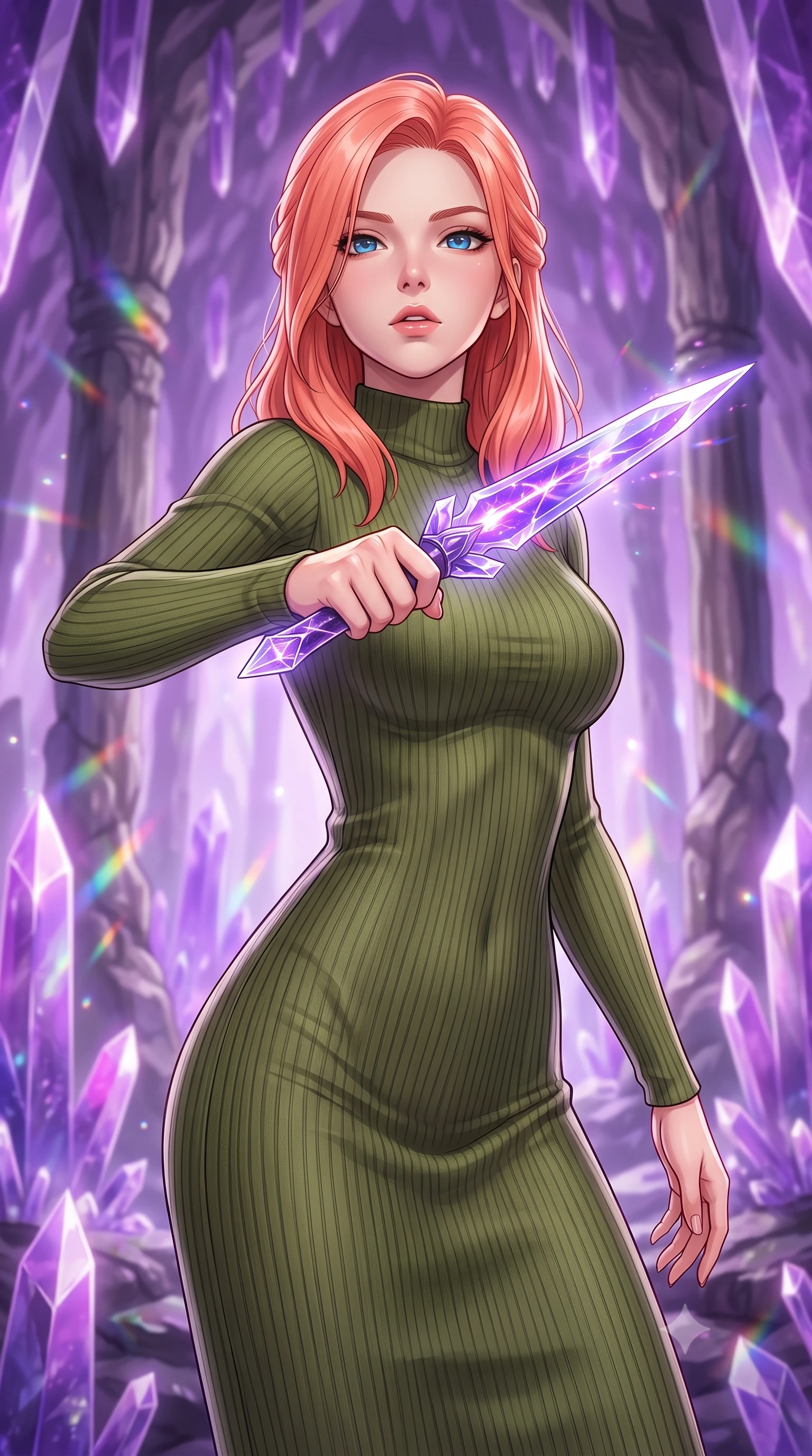 score_9, masterpiece, best quality, ultra-detailed, high-budget anime keyframe, editorial fashion photography, tasteful artistic composition, Japanese woman. close-up cowboy shot from the waist and thighs up, the character dominates the composition, filling the frame with her large presence, background elements kept in soft focus. pointing a crystal-edged laser dagger forward in a defensive stance, tilting her chin up slightly with lips parted in a composed pose, the background shows a soft-focus an amethyst geode cavern with towering purple crystal spires and rock columns. She has an exceptionally elegant, slender, and willowy female figure with an ultra-slim waist, a gracefully sculpted slender torso, and a refined silhouette. sharp v-shaped jawline, high-bridge nose, intricate jewel-like eyes with depth, thick eyelashes, glossy lips with a natural sheen. wearing a slim-fit body-hugging ribbed carbon-fiber knit bodycon midi dress in olive green, featuring a snug mock-neck. soft internal purple crystal glow refracting into delicate rainbow prisms. highly saturated vibrant anime colors, detailed shading with soft gradients, rich glossy textures, high-contrast stereoscopic depth, volumetric dynamic lighting, master piece, 9:16 ratio