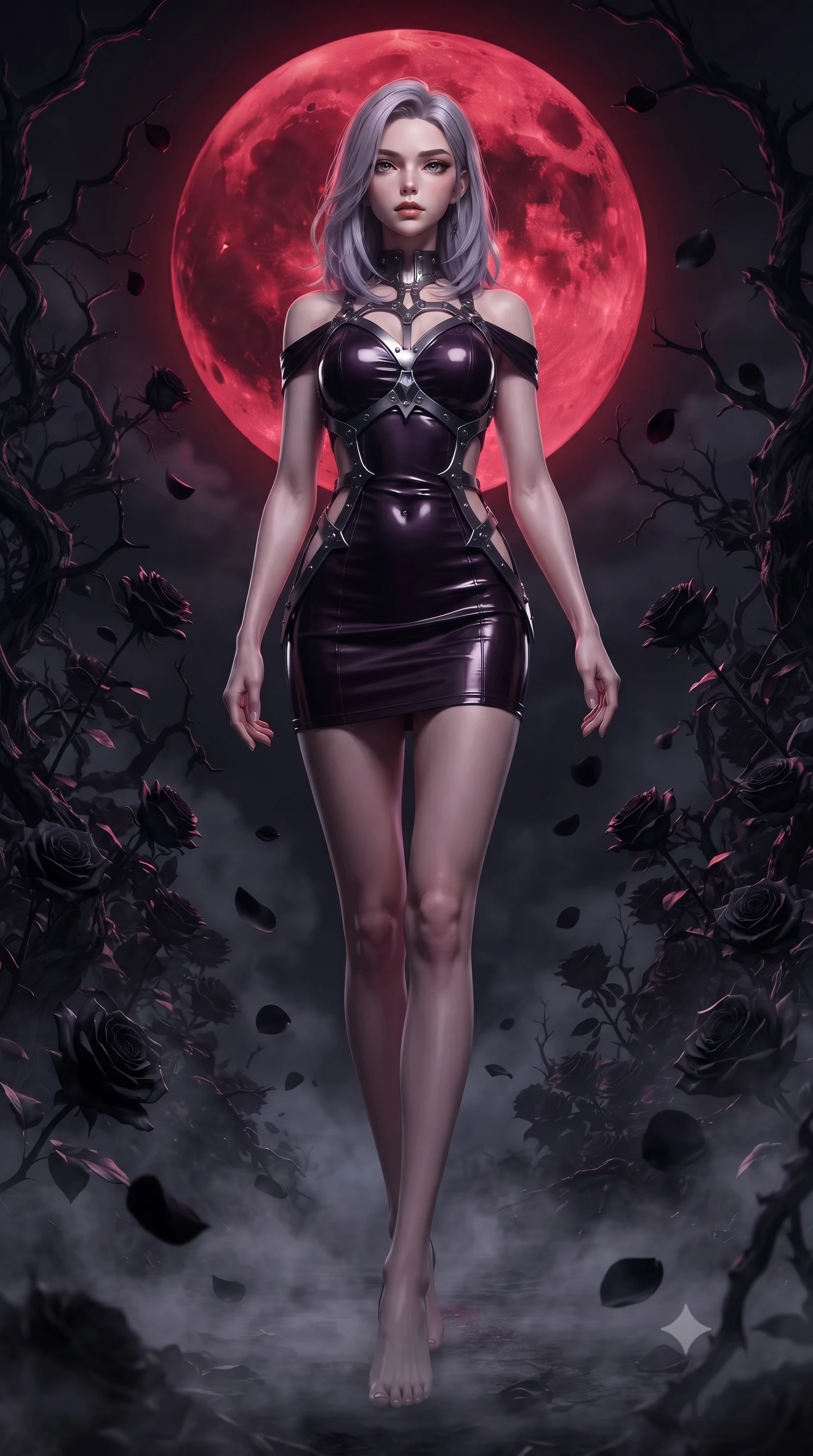 score_9, masterpiece, best quality, ultra-detailed, high-budget anime keyframe, editorial fashion photography, tasteful artistic composition, Caucasian woman. low angle full-body shot from head to toe showing her feet, filling the entire 9:16 vertical frame with her statuesque presence, stretching her vertical silhouette. forging confidently through the dark atmospheric mist, holding a poised statuesque stance, walking through an overgrown black rose garden illuminated by a colossal blood moon, velvety black rose petals floating on dark mist-covered ground. She has an absolutely perfect, statuesque 8.5-heads proportion, an exceptionally tall and slender model-like female figure with impossibly long slender legs and an ultra-slim waist. sharp v-shaped jawline, high-bridge nose, intricate jewel-like eyes with depth, thick eyelashes, glossy lips with a natural sheen. wearing backless liquid vinyl mini slip dress with bare shoulder neckline in dark plum violet, made of polished black leather, highlighted by a gunmetal metallic harness structure, sculpting her athletic slender build with refined precision. surrounded by dramatic gothic chiaroscuro with sharp edge highlights. ultra-reflective glossy finish, specular highlights, metallic sheen, high-contrast stereoscopic depth, volumetric dynamic lighting, 2k, ultra detail, master piece, 9:16 ratio
