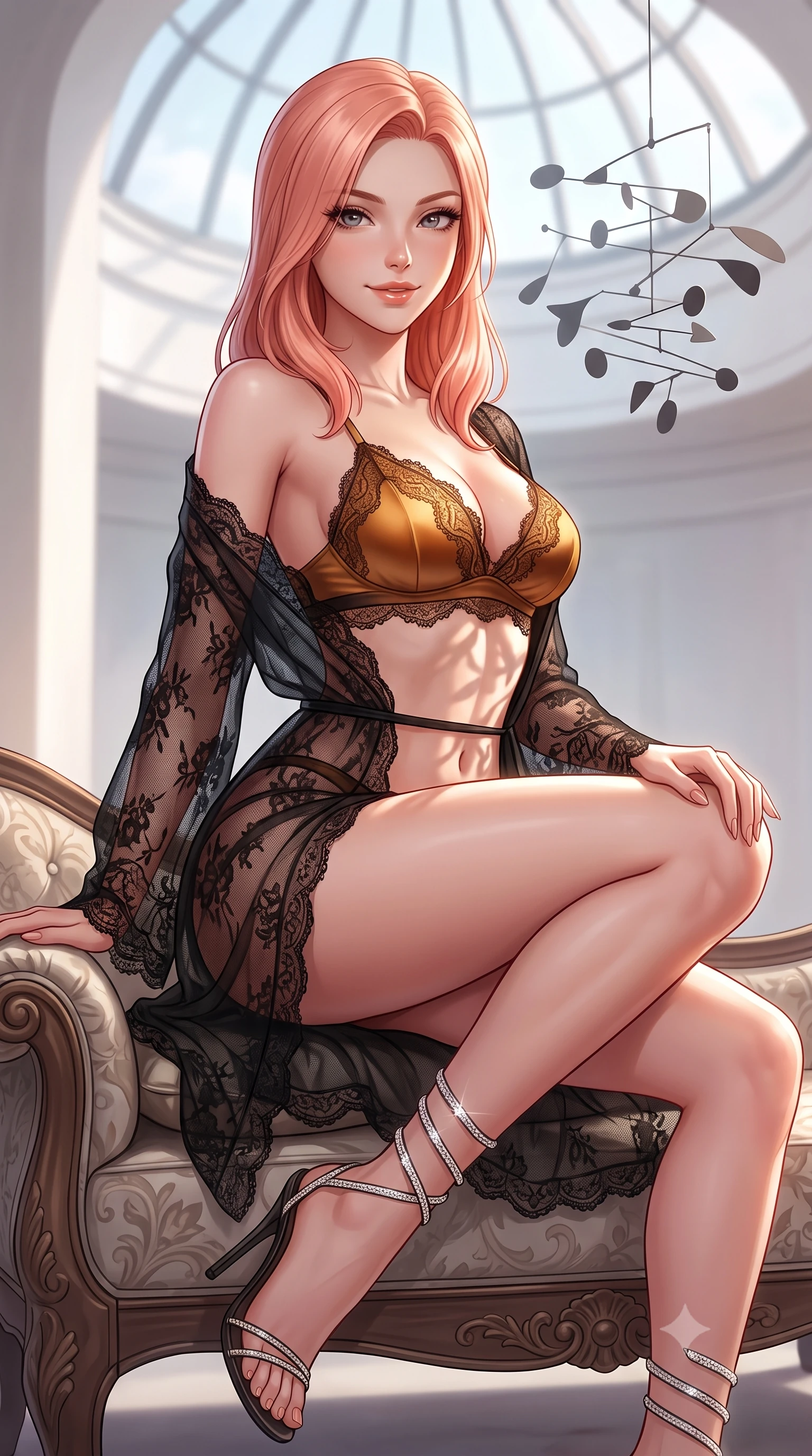 score_9, masterpiece, best quality, ultra-detailed, high-budget anime keyframe, semi-realistic 3D game render, editorial fashion photography, tasteful artistic composition, Japanese woman. close-up cowboy shot from the waist and thighs up, the character dominates the composition, filling the frame with her large presence. perched sideways on the lounge seat, one knee drawn up to showcase her slender leg line while her arched back accentuates her feminine hip curve while twisting her slender torso in an alluring S-curve, shadows of the floating kinetic mobile tracing her narrow waist and rounded hips. The background shows a soft-focus soaring skylight dome softened in iconic architectural shallow focus. She has an exceptionally elegant, slender, and willowy female figure with an ultra-slim waist, flat toned midriff, narrow ribcage, and sculpted feminine hips creating an alluring, slim hourglass silhouette without bulk. sharp v-shaped jawline, high-bridge nose, sparkling eyes with hypnotic seductive depth, thick curled eyelashes, glossy parted lips with a natural dewy peach sheen, alluring bedroom-eyes with an enchanting coquettish smile, exuding magnetic siren charisma and sophisticated glamour, flawlessly proportioned anatomical accuracy, strict slender model proportions, natural body alignment, perfectly sculpted long slender limbs, ultra-slim waistline, clean dynamic posture without body distortion. wearing a delicate semi-sheer black Chantilly lace boudoir robe worn loose and slipping off bare shoulders over a matching satin bralette in warm amber honey and antique gold leaf with dark shadow gradients, made of delicate semi-sheer French Chantilly lace with intricate eyelash edges, complemented by strappy stiletto sandals with crystal ankle wraps accentuating her slender calves, the liquid-tight tailored fabric clinging flawlessly to her narrow waist and rounded feminine hips, emphasizing every millimeter of her sculpted slim hourglass curves without any bulky heaviness. illuminated by curved white wall bounce and sharp platinum-white rim lights defining her delicate clavicles, ultra-slim waist, and curvy hips. highly saturated vibrant anime colors, detailed shading with soft gradients, rich glossy textures, high-contrast stereoscopic depth, volumetric dynamic lighting, master piece, 9:16 ratio