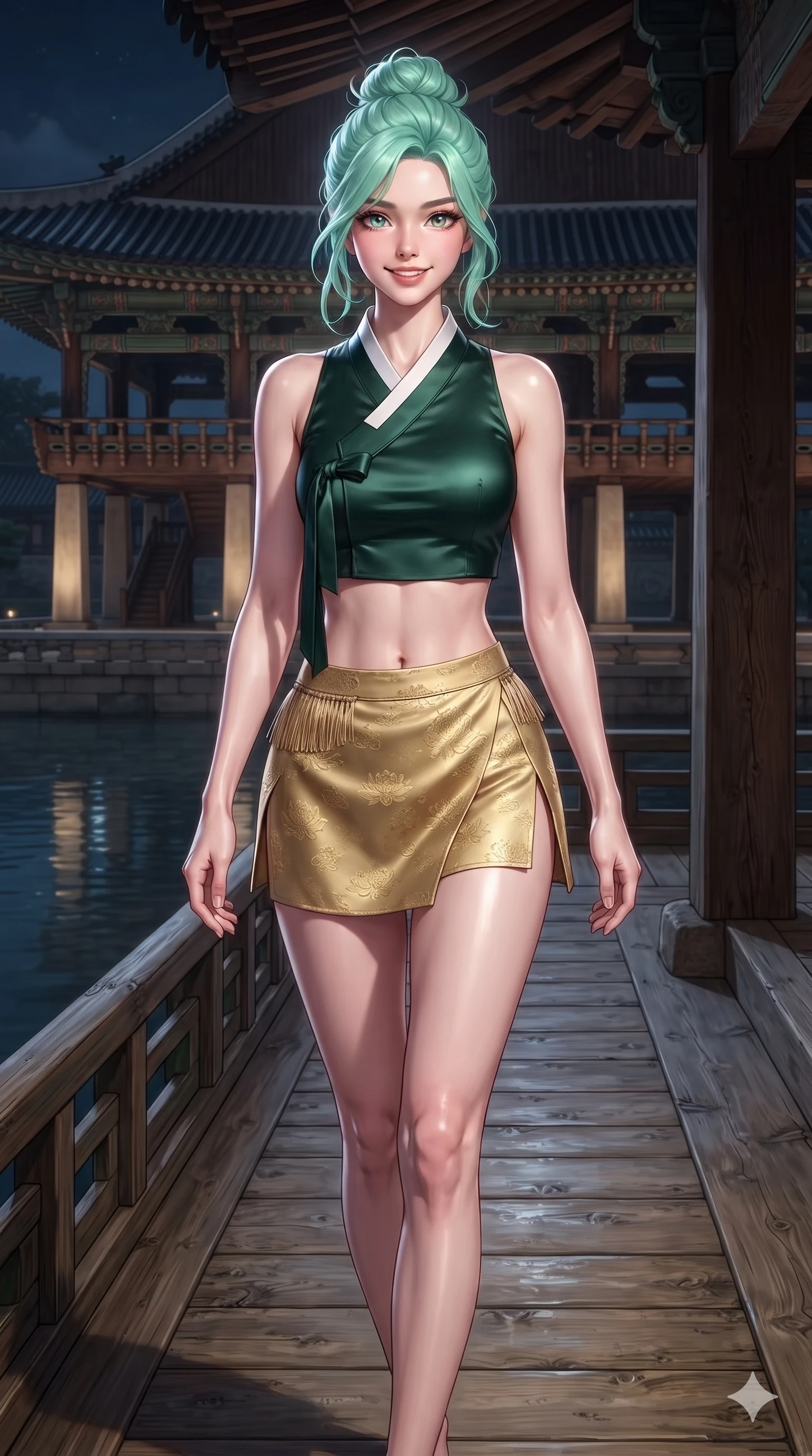 score_9, masterpiece, best quality, ultra-detailed, high-budget anime keyframe, editorial fashion photography, tasteful artistic composition, Japanese woman. close-up cowboy shot from the waist and thighs up, the character dominates the composition, filling the frame with her large presence. smiling with quiet, magnetic self-assurance directly into the camera, her sculpted waistline catching specular moonbeam highlights while walking slowly down the grand wooden pavilion deck with regal dark elegance, hips swaying in an alluring supermodel rhythm. The surrounding environment is rendered in vivid detail and crisp panoramic clarity: detailed tiered sheer tulle gown tailoring, corseted waist structure, and historic Korean palace craftsmanship in razor-sharp clarity. She has an exceptionally elegant, slender, and willowy female figure with an ultra-slim waist, flat toned midriff, narrow ribcage, and sculpted feminine hips creating an alluring, slim hourglass silhouette without bulk. sharp v-shaped jawline, high-bridge nose, sparkling eyes with hypnotic seductive depth, thick curled eyelashes, glossy parted lips with a natural dewy peach sheen, alluring bedroom-eyes with an enchanting coquettish smile, exuding magnetic siren charisma and sophisticated glamour, flawlessly proportioned anatomical accuracy, strict slender model proportions, natural body alignment, perfectly sculpted long slender limbs, ultra-slim waistline, clean dynamic posture without body distortion. wearing a liquid-look silk satin jeogori crop top with low-back scoop paired with high-slit wrap mini shorts in dark emerald forest and brushed antique gold, tailored from rich silk jacquard with subtle embossed lotus blossom patterns, finished with delicate silk fringe trim fluttering along her hip line with kinetic charm, the bespoke structured tailoring following the natural line of her 8.5-heads silhouette with refined elegance. bathed in brilliant 4000K moonbeams sweeping across open palace waters. ultra-reflective glossy finish, specular highlights, rich textural contrasts, high-contrast stereoscopic depth, volumetric dynamic lighting, 2k, ultra detail, master piece, 9:16 ratio
