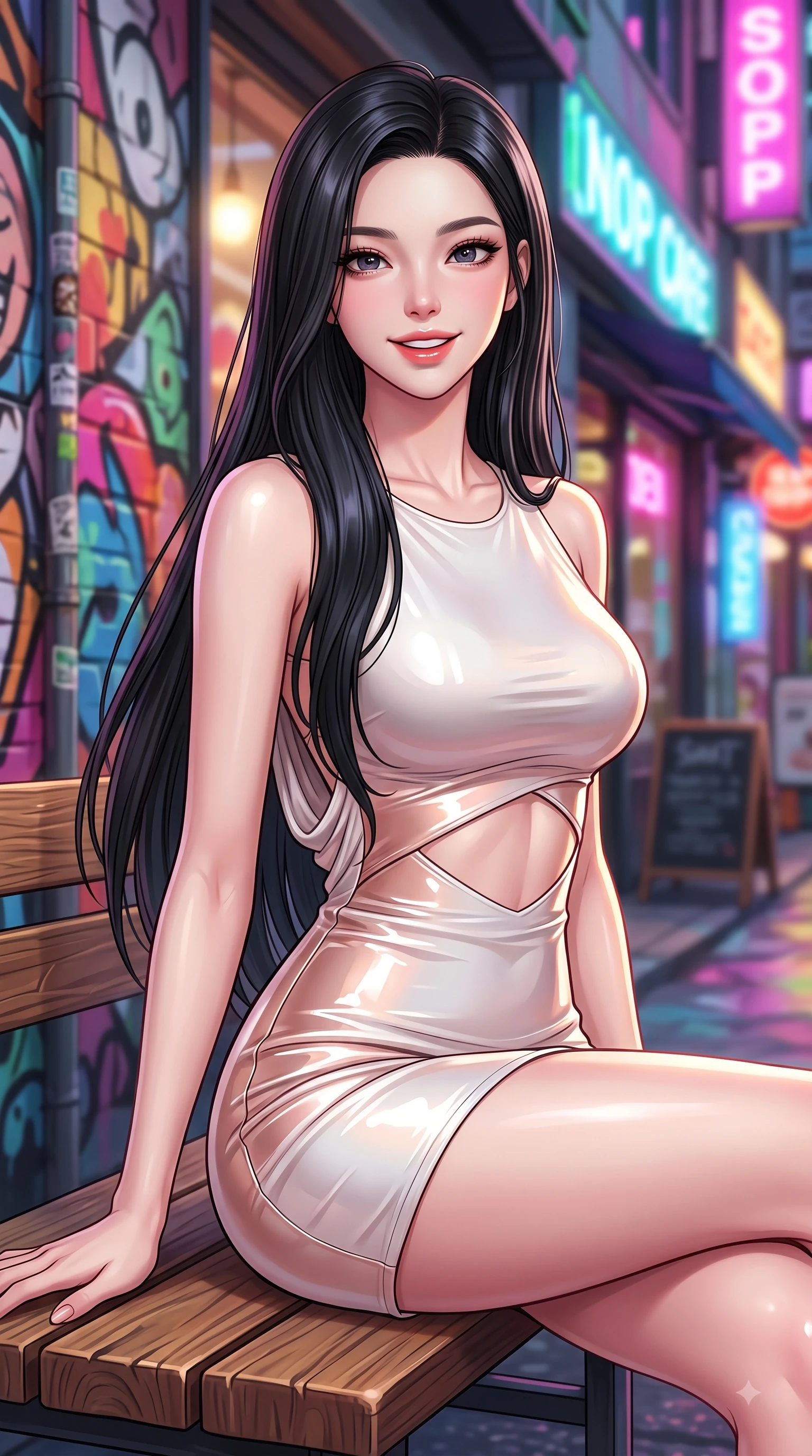 score_9, masterpiece, best quality, ultra-detailed, high-budget anime keyframe, editorial fashion photography, tasteful artistic composition, Korean woman. close-up cowboy shot from the waist and thighs up, the character dominates the composition, filling the frame with her large presence, background elements kept in soft focus. Playful cute expression with a warm smile and parted lips, looking right into the camera with vibrant energy while resting on a wooden bench outside a hipster cafe on a bustling Seoul fashion street, vibrant urban street art and neon shop signs casting colorful ambient light around her. She has an exceptionally elegant, slender, and willowy female figure with an ultra-slim waist, a gracefully sculpted slender torso, and a refined silhouette. sharp v-shaped jawline, high-bridge nose, intricate jewel-like eyes with depth, thick eyelashes, glossy lips with a natural sheen, flawlessly proportioned anatomical accuracy, natural body alignment, perfectly sculpted elegant limbs, clean dynamic posture without body distortion. wearing a precision-fitted liquid jersey bodycon dress with a graceful draped back in pearl white and rose gold, tailored from high-gloss patent leather, featuring subtle geometric cutouts that highlight her ultra-slim midriff, the elegant draped fit framing her graceful clavicle and slender torso. surrounded by a lively, trendy street aura with rich specular highlights. highly saturated vibrant anime colors, detailed shading with soft gradients, rich glossy textures, high-contrast stereoscopic depth, volumetric dynamic lighting, master piece, 9:16 ratio