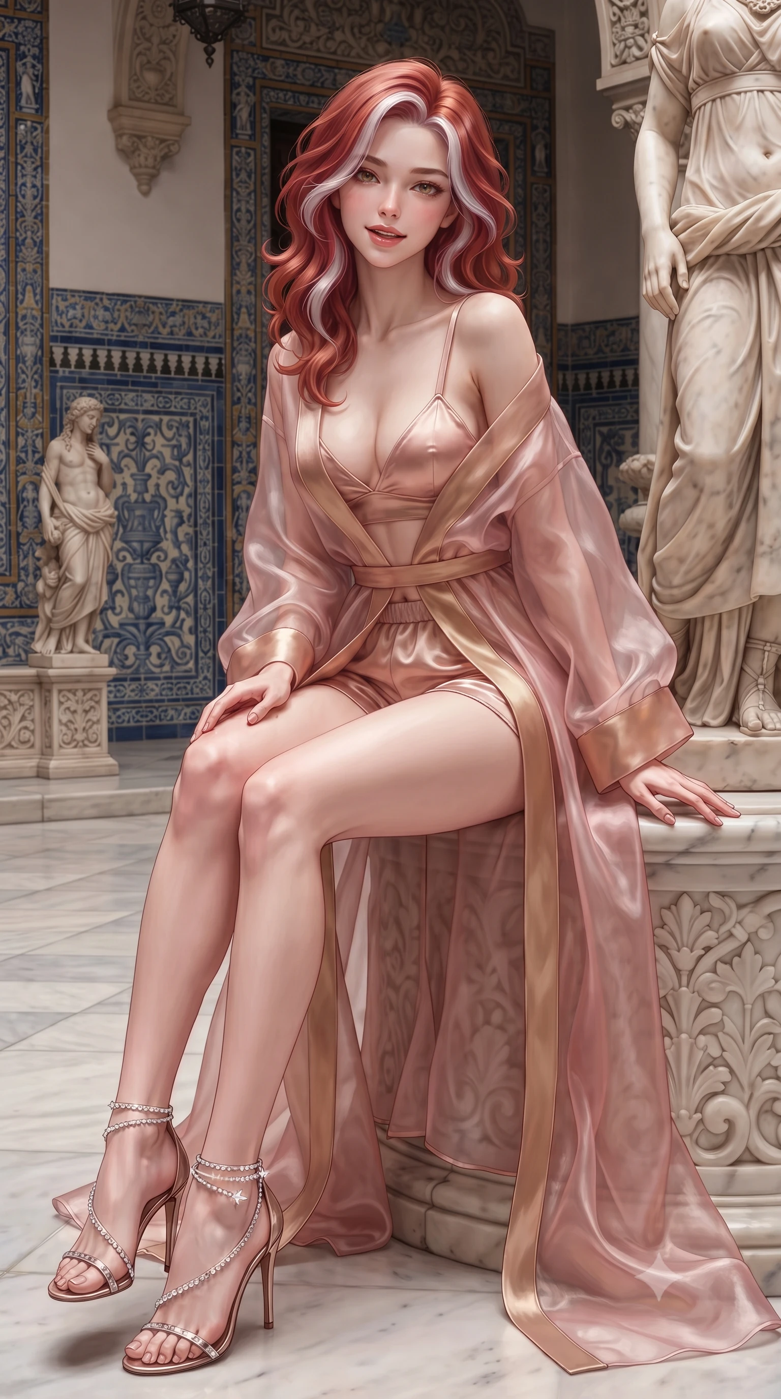 score_9, masterpiece, best quality, ultra-detailed, high-budget anime keyframe, editorial fashion photography, tasteful artistic composition, Caucasian woman. close-up cowboy shot from the waist and thighs up, the character dominates the composition, filling the frame with her large presence. tilting her head with a teasing half-smile, running one hand slowly down the side of her hip in a flirtatious S-curve as ambient light caresses her silhouette while sitting perched gracefully beside the carved marble statue base with legs crossed, flashing an enchanting smile with parted glossy lips. The surrounding environment is rendered in vivid detail and crisp panoramic clarity: detailed garment tailoring, fabric drape, and historic Spanish palace architecture in high resolution. She has an exceptionally elegant, slender, and willowy female figure with an ultra-slim waist, flat toned midriff, narrow ribcage, and sculpted feminine hips creating an alluring, slim hourglass silhouette without bulk. sharp v-shaped jawline, high-bridge nose, intricate jewel-like sparkling eyes with depth, thick eyelashes, glossy parted lips with a natural peach sheen, bright cheerful beaming smile with an enchanting and coquettish sensual glint, exuding both youthful cute charm and seductive allure, flawlessly proportioned anatomical accuracy, strict slender model proportions, natural body alignment, perfectly sculpted long slender limbs, ultra-slim waistline, clean dynamic posture without body distortion. wearing a sheer silk organza modern kimono robe worn loose and slipping off bare shoulders over a matching satin bralette and micro-shorts in rose-quartz blush and antique burnished brass, crafted from translucent silk organza with an ethereal crystalline sheen, complemented by strappy stiletto sandals with crystal ankle wraps accentuating her slender calves, the impeccably tailored cut draping gracefully along her slender figure with aristocratic poise. illuminated by azulejo tile specular reflections and sharp rose-gold rim lights defining her razor-sharp jawline, narrow waist, and curvy hips. ultra-reflective glossy finish, specular highlights, rich textural contrasts, high-contrast stereoscopic depth, volumetric dynamic lighting, 2k, ultra detail, master piece, 9:16 ratio