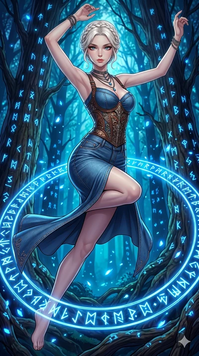 score_9, masterpiece, best quality, ultra-detailed, Set C: High-budget Anime Keyframe, Korean woman. Low angle cowboy shot filling the entire 9:16 frame with her statuesque presence. Leaping through a ring of glowing runes in an ancient forest. She h