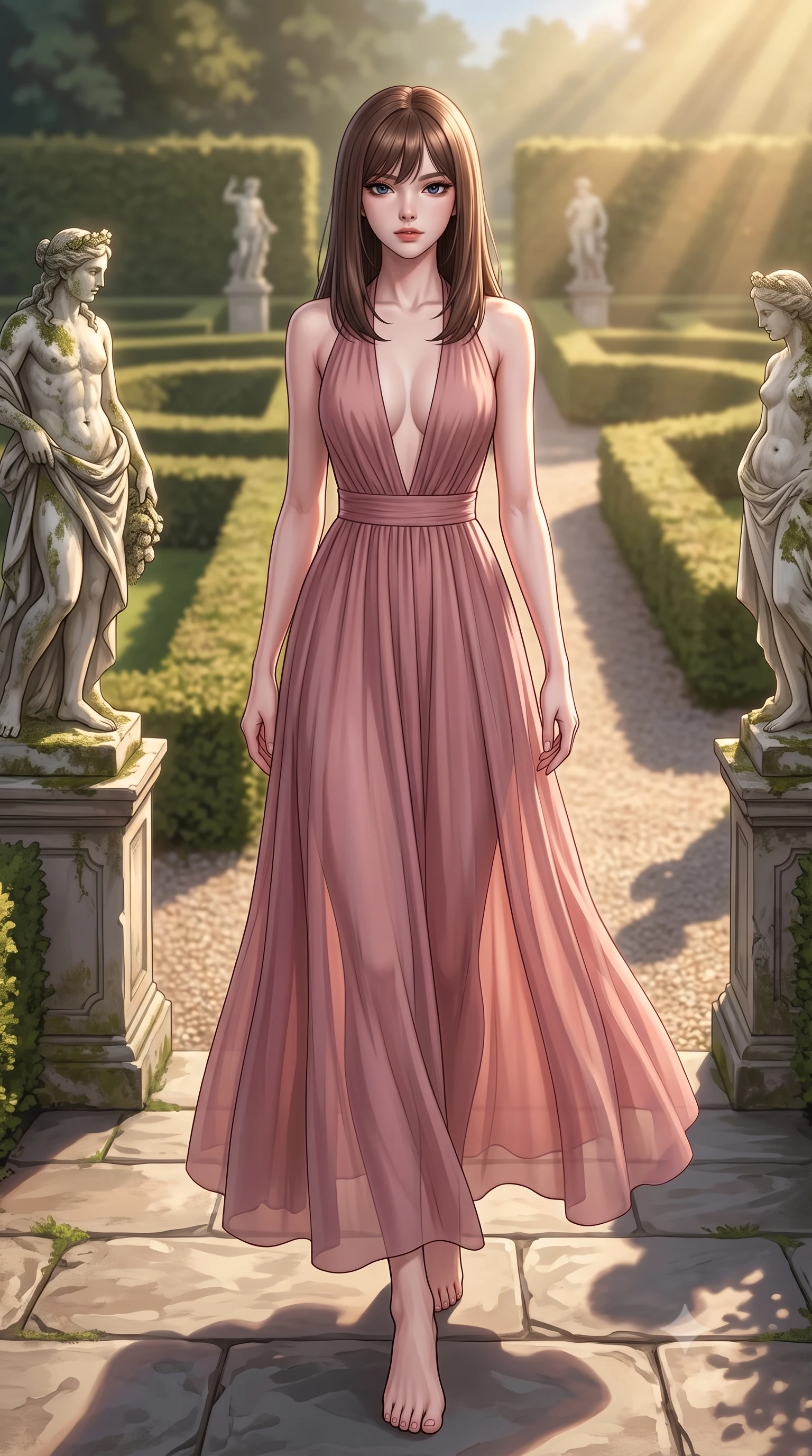 score_9, masterpiece, best quality, ultra-detailed, high-budget anime keyframe, editorial fashion photography, tasteful artistic composition, Korean woman woman. low angle full-body shot from head to toe showing her feet, filling the entire 9:16 vertical frame with her statuesque presence, stretching her vertical silhouette. stepping gracefully across a stone path in the garden the background shows a soft-focus a garden with structured hedge mazes, marble statues, and gravel paths of an old estate. She has an absolutely perfect, statuesque 8.5-heads proportion, an exceptionally tall and slender model-like female figure with impossibly long slender legs and an ultra-slim waist. sharp v-shaped jawline, high-bridge nose, intricate jewel-like eyes with depth, thick eyelashes, glossy lips with a natural sheen. wearing a slim-fit deep plunging-V neck maxi dress in dusty rose chiffon with a bold halter neck and low-cut back. soft morning sunrays casting elegant shadows of the statues and hedges. 2k, ultra detail, master piece, 9:16 ratio