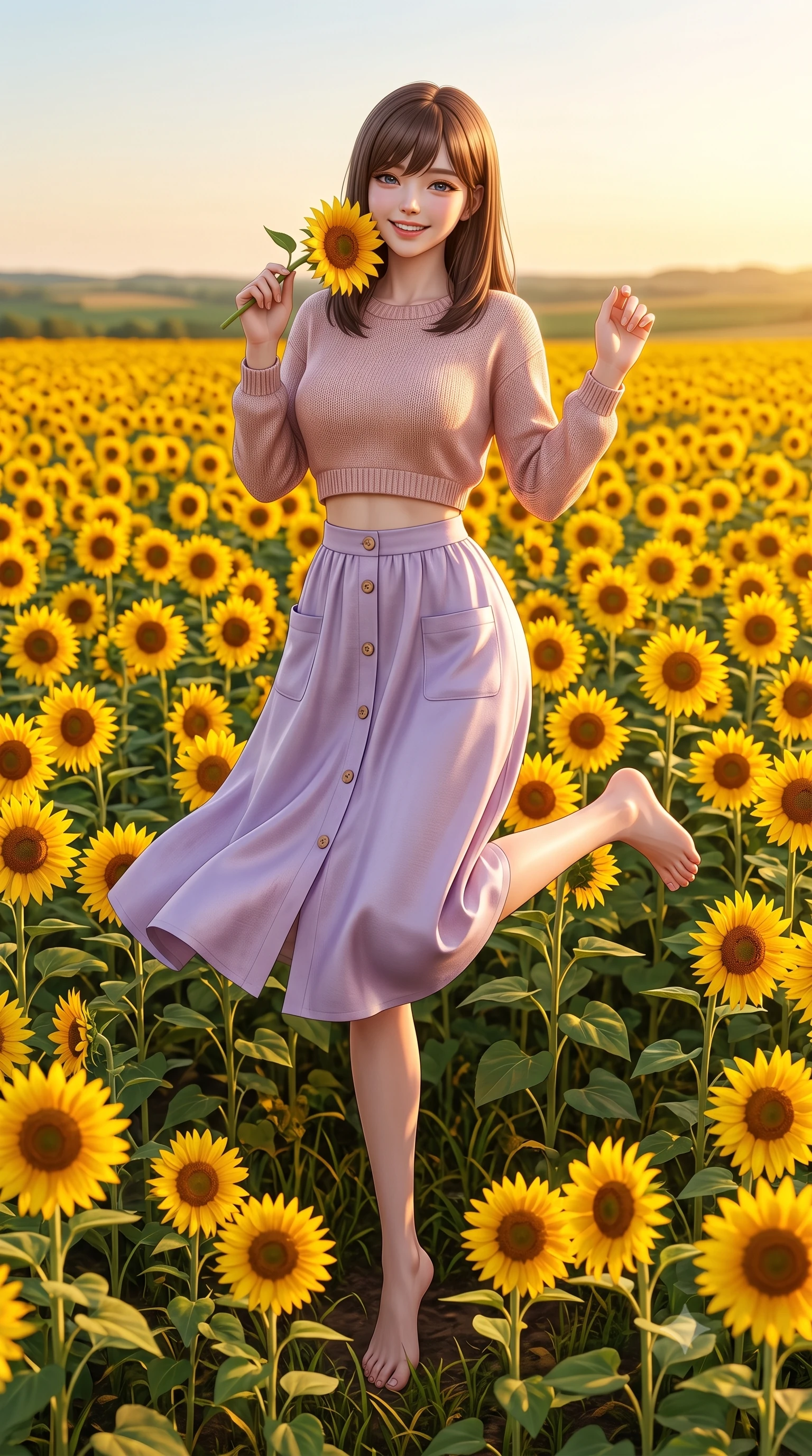 score_9, masterpiece, best quality, ultra-detailed, high-budget anime keyframe, semi-realistic 3D game render, editorial fashion photography, tasteful artistic composition, Korean woman. low angle full-body shot from head to toe showing her feet, filling the entire 9:16 vertical frame with her statuesque presence, stretching her vertical silhouette. standing poised on one leg with a playful hop and joyful expression, her long legs and slender figure highlighted against the landscape while standing immersed in a vast sea of vibrant yellow sunflowers, holding one bloom close to her cheek with a dazzling smile. The surrounding environment is rendered in vivid detail and crisp panoramic clarity. warm high-contrast golden hour chiaroscuro and expansive agricultural countryside in precision. She has an absolutely perfect, statuesque 8.5-heads proportion, an exceptionally tall and slender model-like female figure with impossibly long slender legs, a toned flat midriff, and an ultra-slim waist. sharp v-shaped jawline, high-bridge nose, intricate jewel-like eyes with depth, thick eyelashes, glossy lips with a natural sheen, pure and lovely fresh girlhood expression, flawlessly proportioned anatomical accuracy, strict slender model proportions, natural body alignment, perfectly sculpted long slender limbs, ultra-slim waistline, clean dynamic posture without body distortion. wearing a stylish cropped pastel knit pullover paired with a high-waisted flowy A-line linen skirt in subtle lilac violet and soft rose gold, crafted from smooth fluid silk satin with a natural gentle sheen, finished with neat natural wooden buttons and patch pocket details, the breezy lightweight fabric fluttering softly against her delicate collarbones, narrow waist, and feminine curves. surrounded by a heartwarming, radiant, and delightfully sunny countryside princess aura. highly saturated vibrant anime colors, detailed shading with soft gradients, rich glossy textures, high-contrast stereoscopic depth, volumetric dynamic lighting, master piece, 9:16 ratio