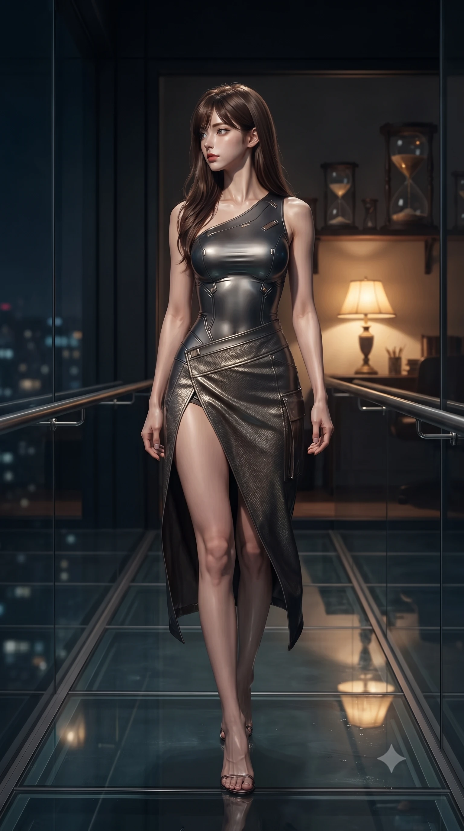 score_9, masterpiece, best quality, ultra-detailed, high-budget anime keyframe, editorial fashion photography, tasteful artistic composition, Korean woman. low angle full-body shot from head to toe showing her feet, filling the entire 9:16 vertical frame with her statuesque presence, stretching her vertical silhouette. walking slowly along a glass skybridge, looking back over her shoulder with an air of effortless grace, the background shows a soft-focus a private study where hourglasses drip upward against the laws of gravity. She has an absolutely perfect, statuesque 8.5-heads proportion, an exceptionally tall and slender model-like female figure with impossibly long slender legs and an ultra-slim waist. sharp v-shaped jawline, high-bridge nose, intricate jewel-like eyes with depth, thick eyelashes, glossy lips with a natural sheen. wearing a body-hugging asymmetric one-shoulder nanotech bodice paired with a daring high-slit tactical utility wrap skirt. low-key single table lamp casting warm concentrated golden light over her profile. ultra-reflective glossy finish, specular highlights, metallic sheen, high-contrast stereoscopic depth, volumetric dynamic lighting, 2k, ultra detail, master piece, 9:16 ratio
