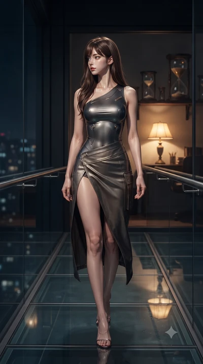 score_9, masterpiece, best quality, ultra-detailed, high-budget anime keyframe, editorial fashion photography, tasteful artistic composition, Korean woman. low angle full-body shot from head to toe showing her feet, filling the entire 9:16 vertical f