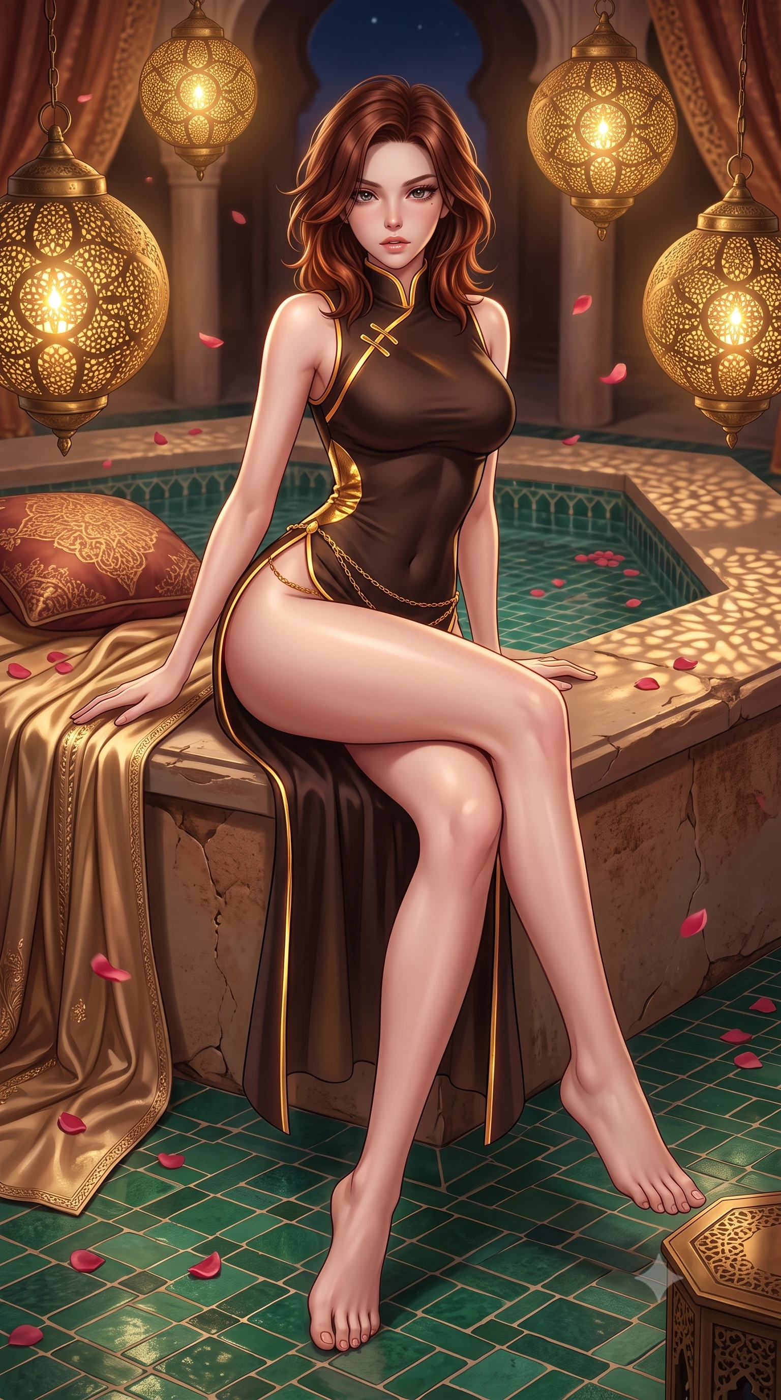 score_9, masterpiece, best quality, ultra-detailed, high-budget anime keyframe, semi-realistic 3D game render, editorial fashion photography, tasteful artistic composition, Korean woman. low angle full-body shot from head to toe showing her feet, filling the entire 9:16 vertical frame with her statuesque presence, stretching her vertical silhouette. sitting perched on the elevated edge with hips angled toward the camera and legs crossed, displaying her toned midriff and flawlessly sculpted slender limbs while standing poised on the emerald zellige tiled floor, twisting her slender torso in an alluring S-curve in the warm, fragrant desert night. The surrounding environment is rendered in vivid detail and crisp panoramic clarity. detailed silk caftan sheen, floating rose petal textures, and Moroccan architectural filigree in high resolution. She has an exceptionally tall and slender model-like 8.5-heads proportion, an ultra-slim waist, a flat toned midriff, narrow delicate ribcage, and beautifully sculpted feminine hips creating a graceful, slim hourglass silhouette without any bulky heaviness, with impossibly long slender legs. sharp v-shaped jawline, high-bridge nose, intricate jewel-like eyes with depth, thick eyelashes, glossy parted lips with a natural sheen, intensely captivating and seductive bedroom-eyes expression, flawlessly proportioned anatomical accuracy, strict slender model proportions, natural body alignment, perfectly sculpted long slender limbs, ultra-slim waistline, clean dynamic posture without body distortion. wearing a modernized cyber-qipao mini dress with an ultra-high side slit ascending to the hip and glowing piping in dark espresso brown and molten gold foil, tailored from water-resistant treated wool gabardine and flexible stretch silk, accented with a delicate gold chain belt resting loosely on her curvy hips, the glove-like aerodynamic silhouette tightly following the natural contour of her hips and long slender legs with statuesque 8.5-heads elegance. bathed in warm golden candlelight filtering through pierced brass lamps creating delicate lace-like shadow patterns. highly saturated vibrant anime colors, detailed shading with soft gradients, rich glossy textures, high-contrast stereoscopic depth, volumetric dynamic lighting, master piece, 9:16 ratio