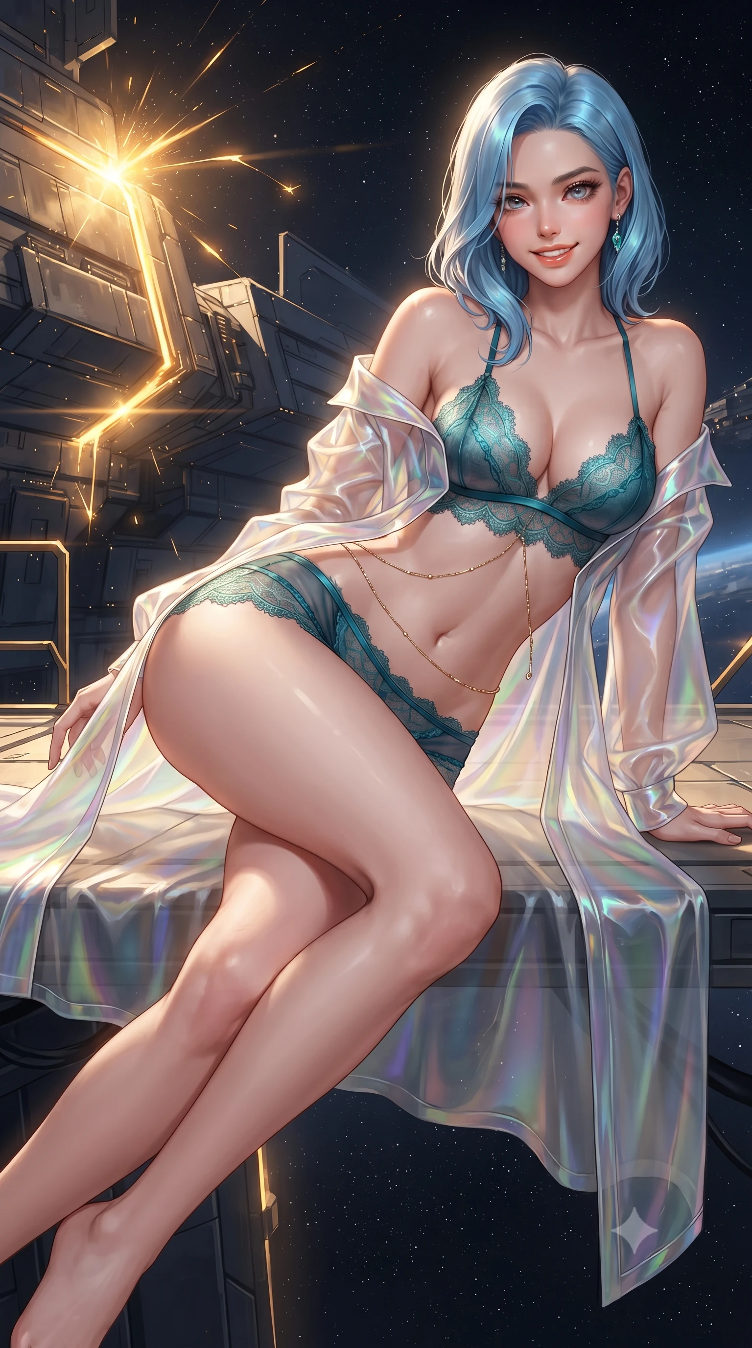 score_9, masterpiece, best quality, ultra-detailed, high-budget anime keyframe, editorial fashion photography, tasteful artistic composition, Korean woman. close-up cowboy shot from the waist and thighs up, the character dominates the composition, filling the frame with her large presence. leaning forward while arching her lower back to accentuate her curvy hips, looking into the camera with an intoxicating smoldering gaze and bedroom-eyes while lounging gracefully across the floating inspection platform propped on one elbow with legs extended, displaying her long slender limbs and statuesque hourglass silhouette against the colossal starship hull. The surrounding environment is rendered in vivid detail and crisp panoramic clarity: detailed haute-couture tactical jumpsuit texture, liquid fabric drape, and colossal starship construction engineering in razor-sharp precision. She has an exceptionally elegant, slender, and willowy female figure with an ultra-slim waist, flat toned midriff, narrow ribcage, and sculpted feminine hips creating an alluring, slim hourglass silhouette without bulk. sharp v-shaped jawline, high-bridge nose, intricate jewel-like sparkling eyes with depth, thick eyelashes, glossy parted lips with a natural peach sheen, bright cheerful beaming smile with an enchanting and coquettish sensual glint, exuding both youthful cute charm and seductive allure, flawlessly proportioned anatomical accuracy, strict slender model proportions, natural body alignment, perfectly sculpted long slender limbs, ultra-slim waistline, clean dynamic posture without body distortion. wearing a translucent iridescent organza tactical robe slipping off bare shoulders over a matching satin micro-bralette and combat shorts in bioluminescent emerald and abyssal sapphire, made of delicate semi-sheer French Chantilly lace with intricate eyelash edges, accented with a dainty gold belly chain resting across her flat midriff and curving hips, the impeccably tailored cut draping gracefully along her slender figure with aristocratic poise. bathed in high-contrast golden welding arcs contrasted with deep obsidian shadow gradients and starlight. ultra-reflective glossy finish, specular highlights, rich textural contrasts, high-contrast stereoscopic depth, volumetric dynamic lighting, 2k, ultra detail, master piece, 9:16 ratio
