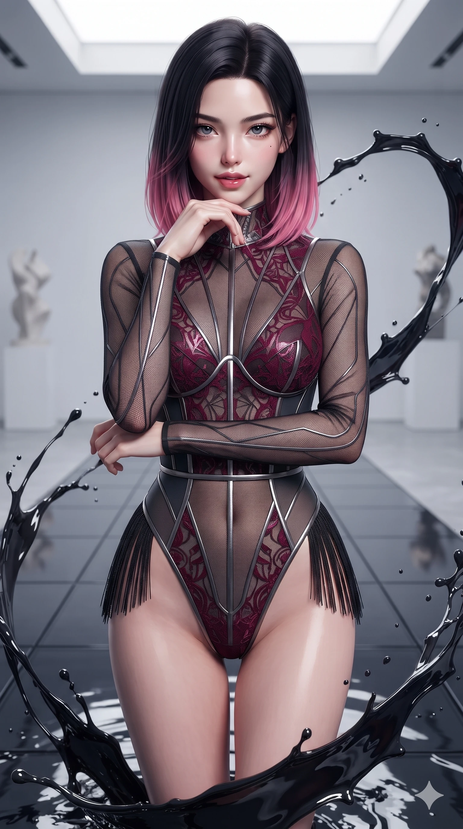 score_9, masterpiece, best quality, ultra-detailed, high-budget anime keyframe, editorial fashion photography, tasteful artistic composition, Korean woman. close-up cowboy shot from the waist and thighs up, the character dominates the composition, filling the frame with her large presence. resting her chin on the backs of her fingers with an air of effortless superiority and parted glossy lips while poised on a dark reflective glass floor drenched in dark fluid paint splashes, dynamic paint splash trails framing her slender athletic silhouette. The surrounding environment is rendered in vivid detail and crisp panoramic clarity: detailed structured bodice gown tailoring, metallic silver boning, and liquid fabric sheen in razor-sharp precision. She has an exceptionally elegant, slender, and willowy female figure with an ultra-slim waist, flat toned midriff, narrow ribcage, and sculpted feminine hips creating an alluring, slim hourglass silhouette without bulk. sharp v-shaped jawline, high-bridge nose, intricate jewel-like dark sparkling eyes with hypnotic seductive depth, thick curled eyelashes, glossy parted lips with a natural wine sheen, alluring bedroom-eyes with an enigmatic smoldering smile, exuding magnetic sovereign charisma and dark avant-garde glamour, flawlessly proportioned anatomical accuracy, strict slender model proportions, natural body alignment, perfectly sculpted long slender limbs, ultra-slim waistline, clean dynamic posture without body distortion. wearing a provocative sheer-illusion nanotech lace bodysuit with strategic metallic foil flocking and high-cut leg openings in deep crimson burgundy and matte charcoal, crafted from fine dark contouring mesh with sheer geometric transparency, finished with delicate jet-black micro-fringe fluttering softly along her hips with each step, the bespoke structured tailoring following the natural line of her 8.5-heads silhouette with refined elegance. illuminated by reflective glass floor bounce and sharp silver-mercury rim lights sculpting her razor-sharp jawline, narrow waist, and curvy hips. ultra-reflective glossy finish, specular highlights, metallic sheen, high-contrast stereoscopic depth, volumetric dynamic lighting, 2k, ultra detail, master piece, 9:16 ratio