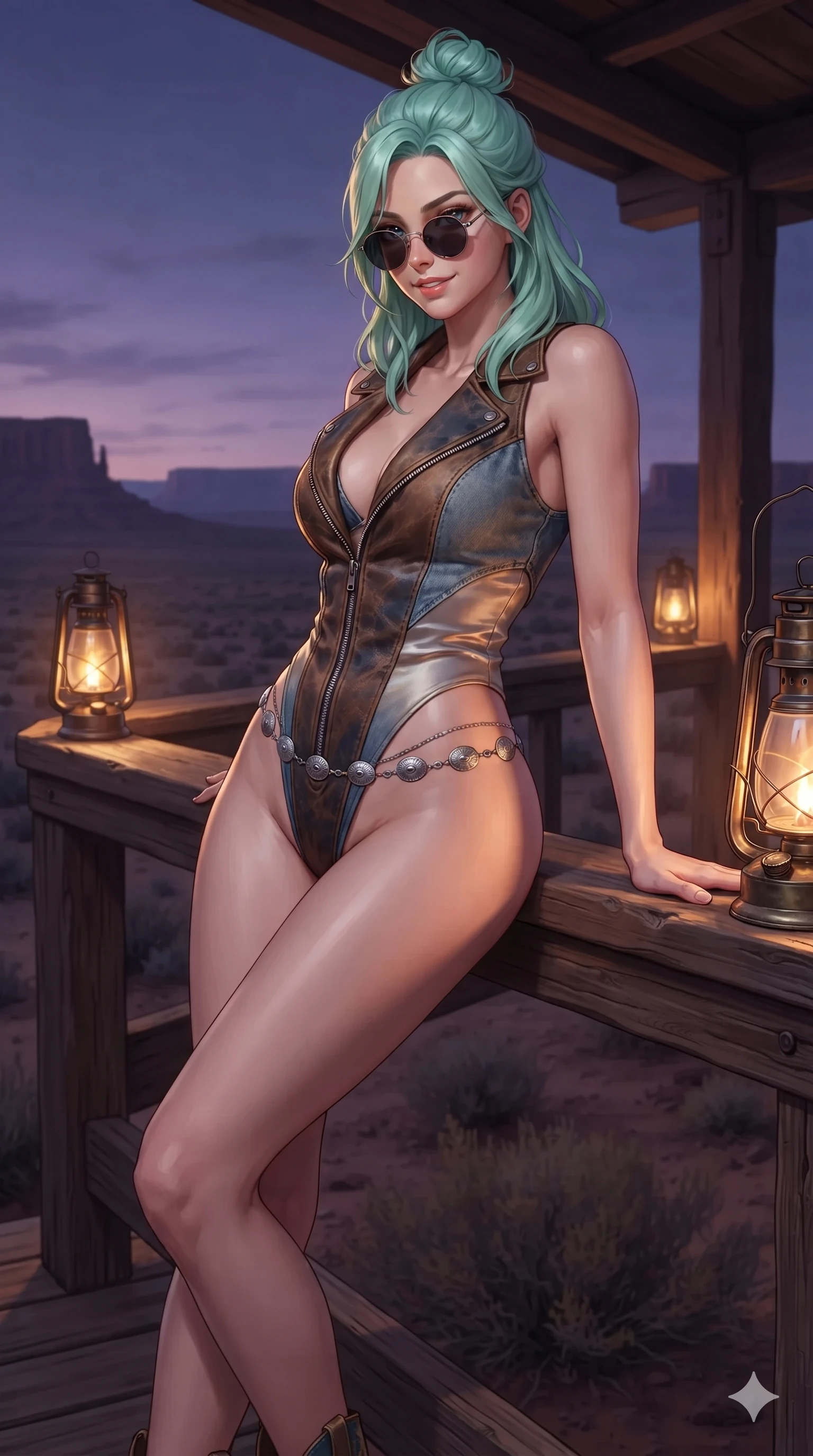 score_9, masterpiece, best quality, ultra-detailed, high-budget anime keyframe, editorial fashion photography, tasteful artistic composition, Japanese woman. close-up cowboy shot from the waist and thighs up, the character dominates the composition, filling the frame with her large presence. leaning against the timber guardrail with hips cocked back, looking through dark sunglasses with an alluring, confident half-smile while sitting gracefully on the veranda edge with legs dangling over desert scrub, flashing an intoxicating smile with parted glossy lips as wind stirs the canvas. The surrounding environment is rendered in vivid detail and crisp panoramic clarity: sharp woven kilim geometric rug patterns, brass lantern wick adjustments, and weathered wood floorboard grain in deep focus. She has an exceptionally elegant, slender, and willowy female figure with an ultra-slim waist, flat toned midriff, narrow ribcage, and sculpted feminine hips creating an alluring, slim hourglass silhouette without bulk. sharp v-shaped jawline, high-bridge nose, sparkling eyes with hypnotic seductive depth, thick curled eyelashes, glossy parted lips with a natural dewy peach sheen, alluring bedroom-eyes with an enchanting coquettish smile, exuding magnetic siren charisma and sophisticated glamour, flawlessly proportioned anatomical accuracy, strict slender model proportions, natural body alignment, perfectly sculpted long slender limbs, ultra-slim waistline, clean dynamic posture without body distortion. wearing a low-slung cutaway leather biker bodysuit with bare hip flanks and criss-cross leather cord ties in distressed whiskey leather brown and sun-bleached denim blue, tailored from smooth liquid silk satin that adheres flawlessly over her curves with a dewy sheen, accented with a silver concho belly chain resting across her flat midriff and curving hips, the liquid-tight tailored fabric clinging flawlessly to her narrow waist and rounded feminine hips, emphasizing every millimeter of her sculpted slim hourglass curves without any bulky heaviness. bathed in the warm, romantic 2200K ambient light of brass kerosene lanterns mixed with the soft purple glow of early nightfall. ultra-reflective glossy finish, specular highlights, rich textural contrasts, high-contrast stereoscopic depth, volumetric dynamic lighting, 2k, ultra detail, master piece, 9:16 ratio