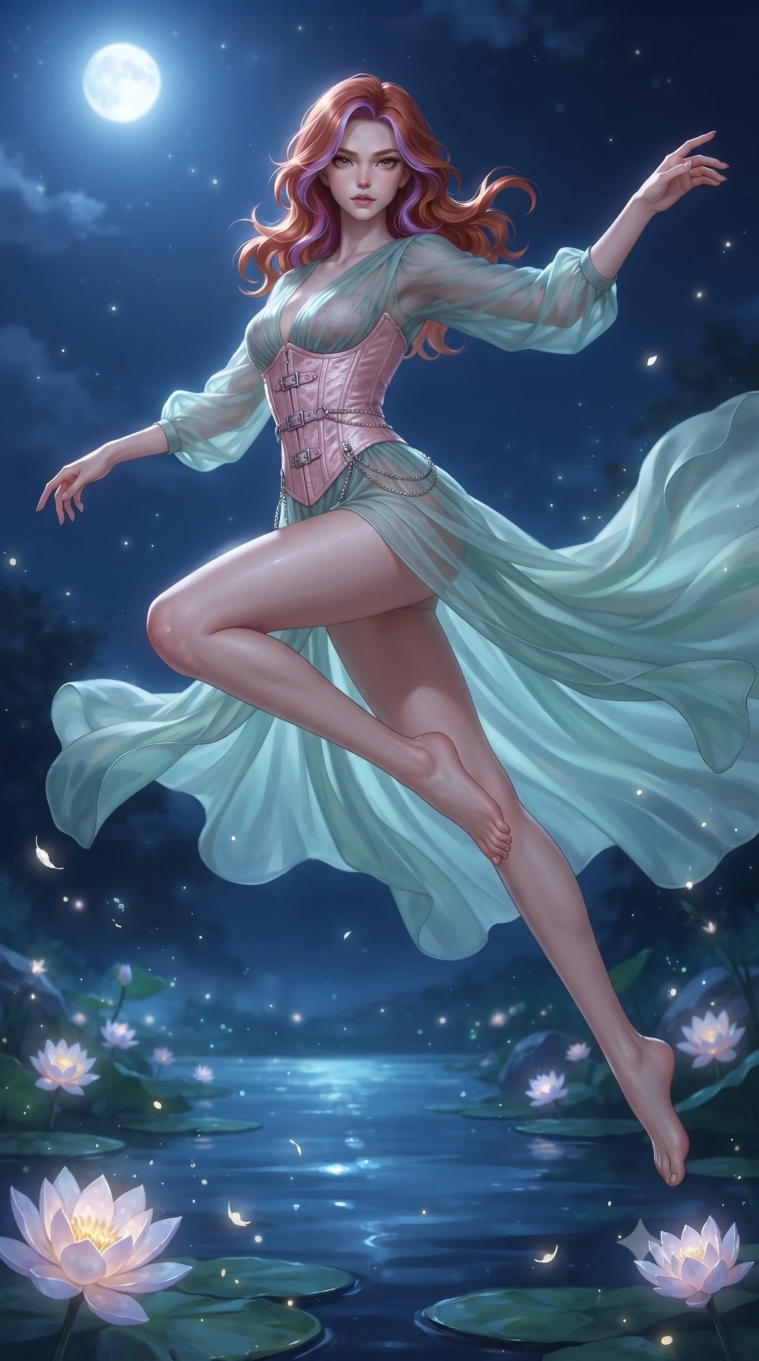 score_9, masterpiece, best quality, ultra-detailed, high-budget anime keyframe, editorial fashion photography, tasteful artistic composition, Caucasian woman. low angle full-body shot from head to toe showing her feet, filling the entire 9:16 vertical frame with her statuesque presence, stretching her vertical silhouette. leaping dynamically through the luminous sky, her posture full of power and elegance, poised beside a tranquil lily pond reflecting cold silver moonlight and glowing flowers, fine glowing pollen particles drifting silently through the cool night air. She has an absolutely perfect, statuesque 8.5-heads proportion, an exceptionally tall and slender model-like female figure with impossibly long slender legs and an ultra-slim waist. sharp v-shaped jawline, high-bridge nose, intricate jewel-like eyes with depth, thick eyelashes, glossy lips with a natural sheen. wearing semi-opaque sheer seafoam chiffon gown revealing structured corset silhouette in soft blush pink, made of crushed white silk velvet, framed by polished silver buckles and delicate chain details, following her slender form with tailored precision. surrounded by a mysterious nocturnal aura with glowing flower light. ultra-reflective glossy finish, specular highlights, metallic sheen, high-contrast stereoscopic depth, volumetric dynamic lighting, 2k, ultra detail, master piece, 9:16 ratio