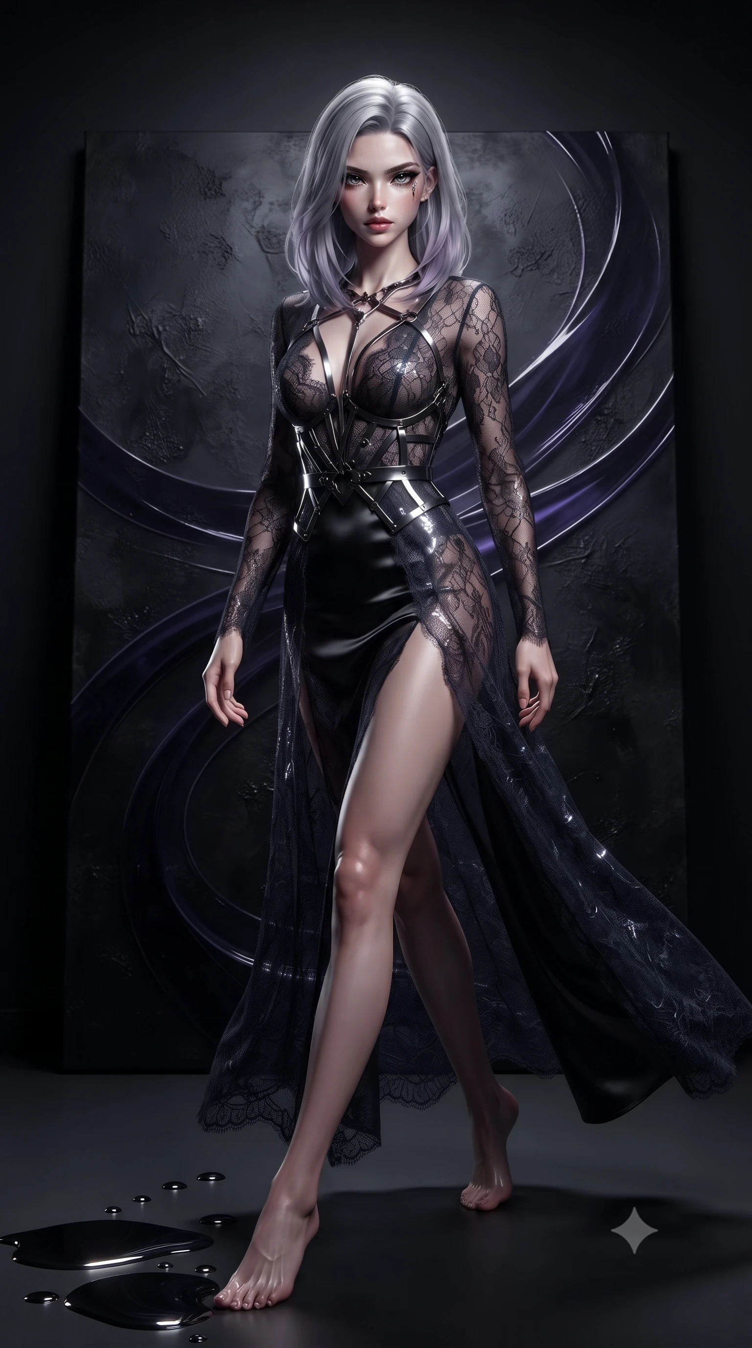score_9, masterpiece, best quality, ultra-detailed, high-budget anime keyframe, editorial fashion photography, tasteful artistic composition, Caucasian woman. low angle full-body shot from head to toe showing her feet, filling the entire 9:16 vertical frame with her statuesque presence, stretching her vertical silhouette. stepping gracefully through the dark environment, stretching her statuesque silhouette, resting near a giant dark canvas emitting subtle dark violet light ribbons, high-gloss liquid acrylic droplets catching razor-sharp specular highlights. She has an absolutely perfect, statuesque 8.5-heads proportion, an exceptionally tall and slender model-like female figure with impossibly long slender legs and an ultra-slim waist. sharp v-shaped jawline, high-bridge nose, intricate jewel-like eyes with depth, thick eyelashes, glossy lips with a natural sheen. wearing gothic nebula sheer dark lace gown with plunging neckline in pitch-black onyx, made of soft dark satin, highlighted by a gunmetal metallic harness structure, the fitted fabric emphasizing her ultra-slim waist. illuminated by high-contrast studio key light creating intense specular highlights on liquid paint. ultra-reflective glossy finish, specular highlights, metallic sheen, high-contrast stereoscopic depth, volumetric dynamic lighting, 2k, ultra detail, master piece, 9:16 ratio